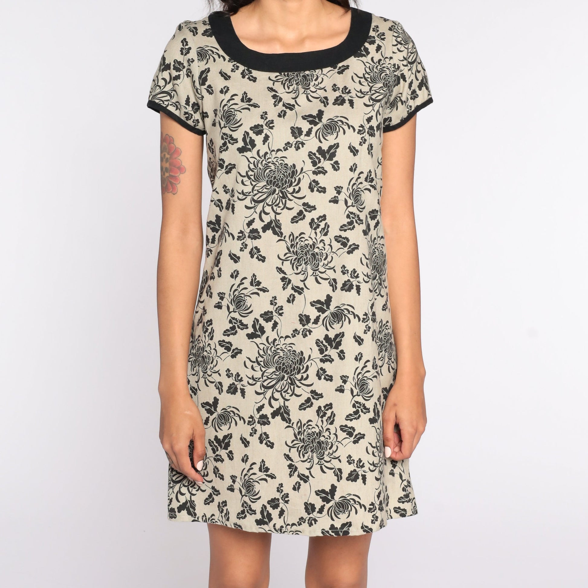 90s Tan Floral Shift Mini Dress Short Sleeve Small S
