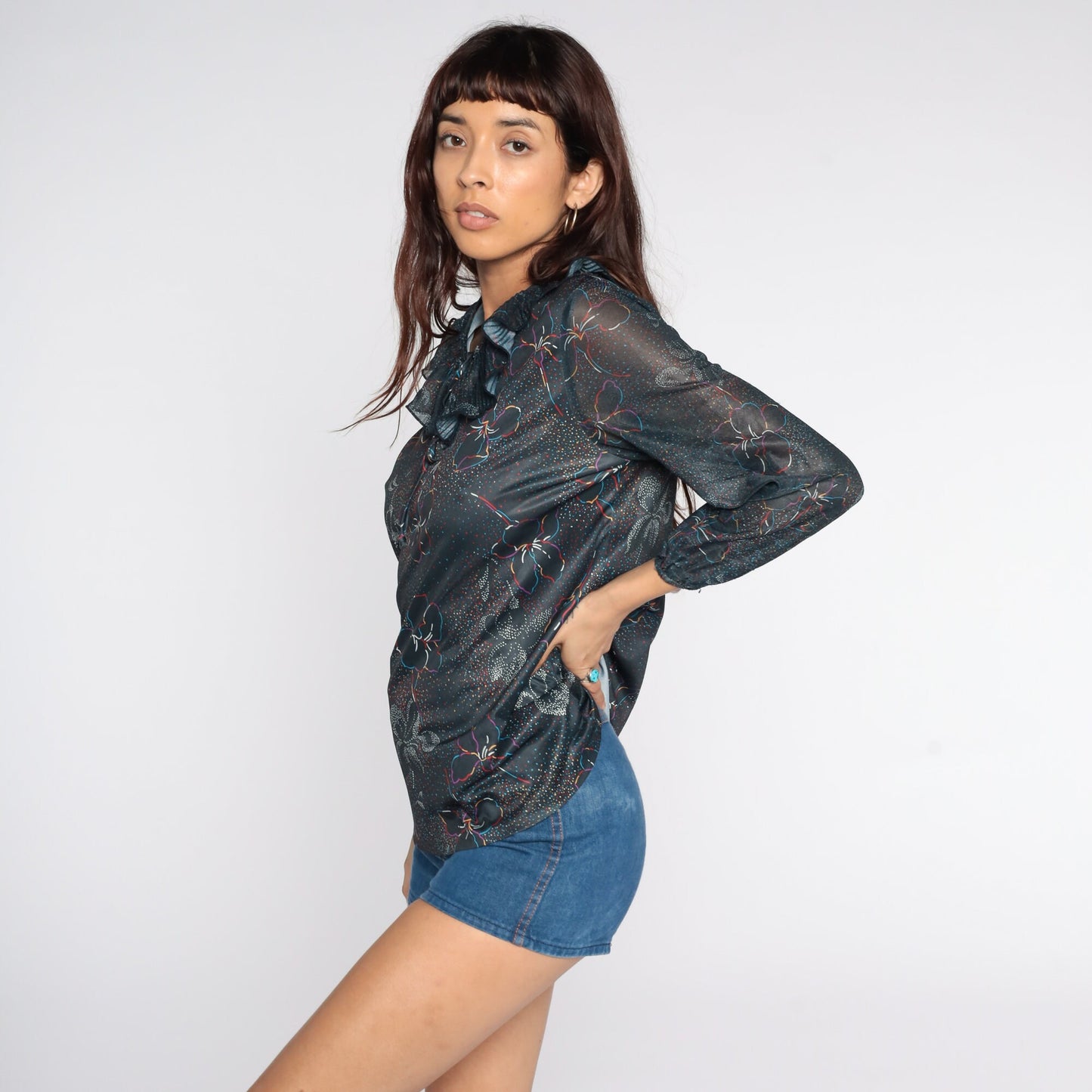 70s Black Floral Keyhole Blouse Long Sleeve Shirt Medium