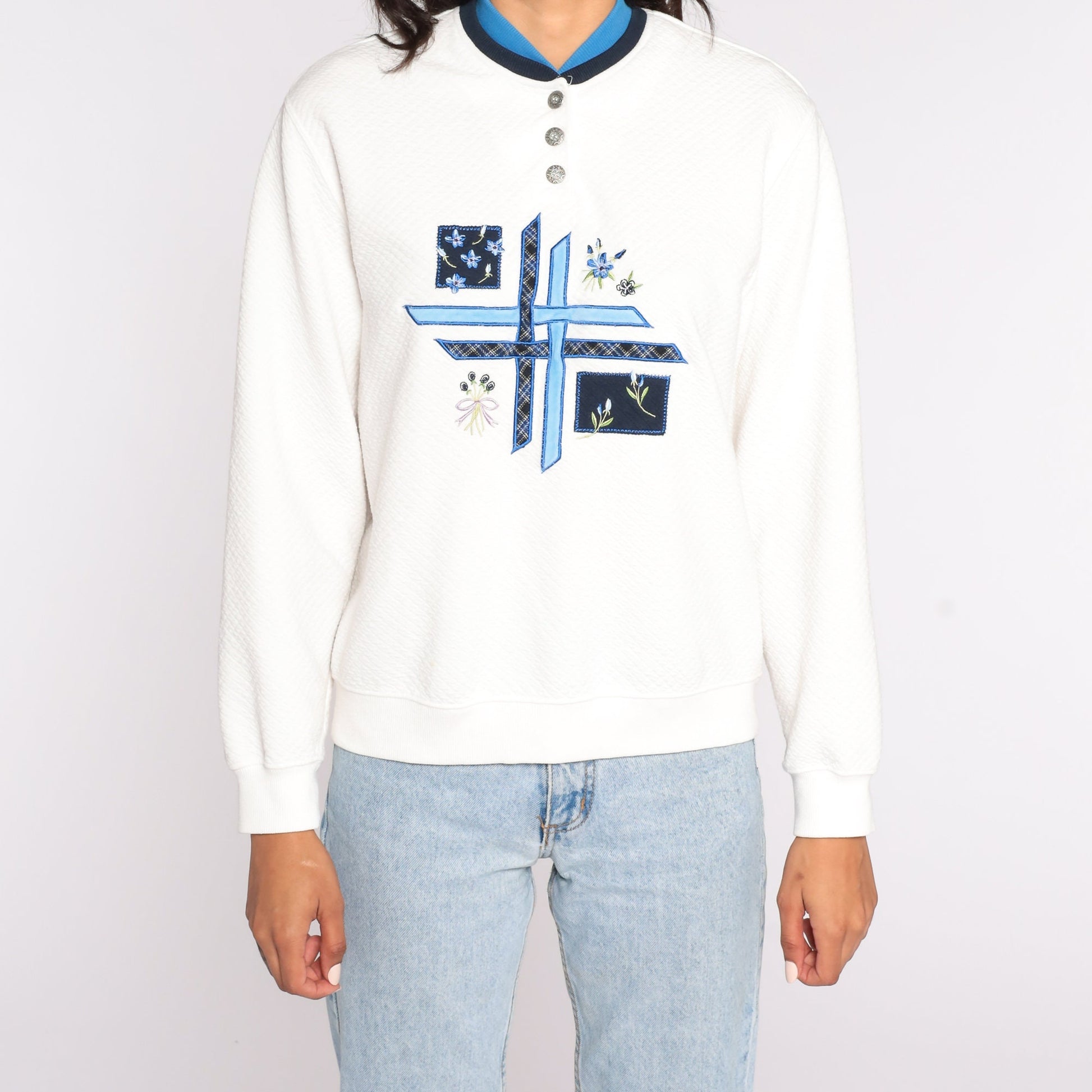 80s Alfred Dunner Floral Embroidered Sweatshirt Off-White Pullover Medium