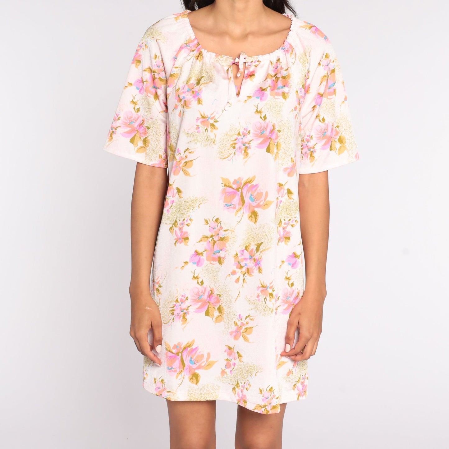 70s Floral Mini Dress Keyhole Shift Short Sleeve Pink Medium Large