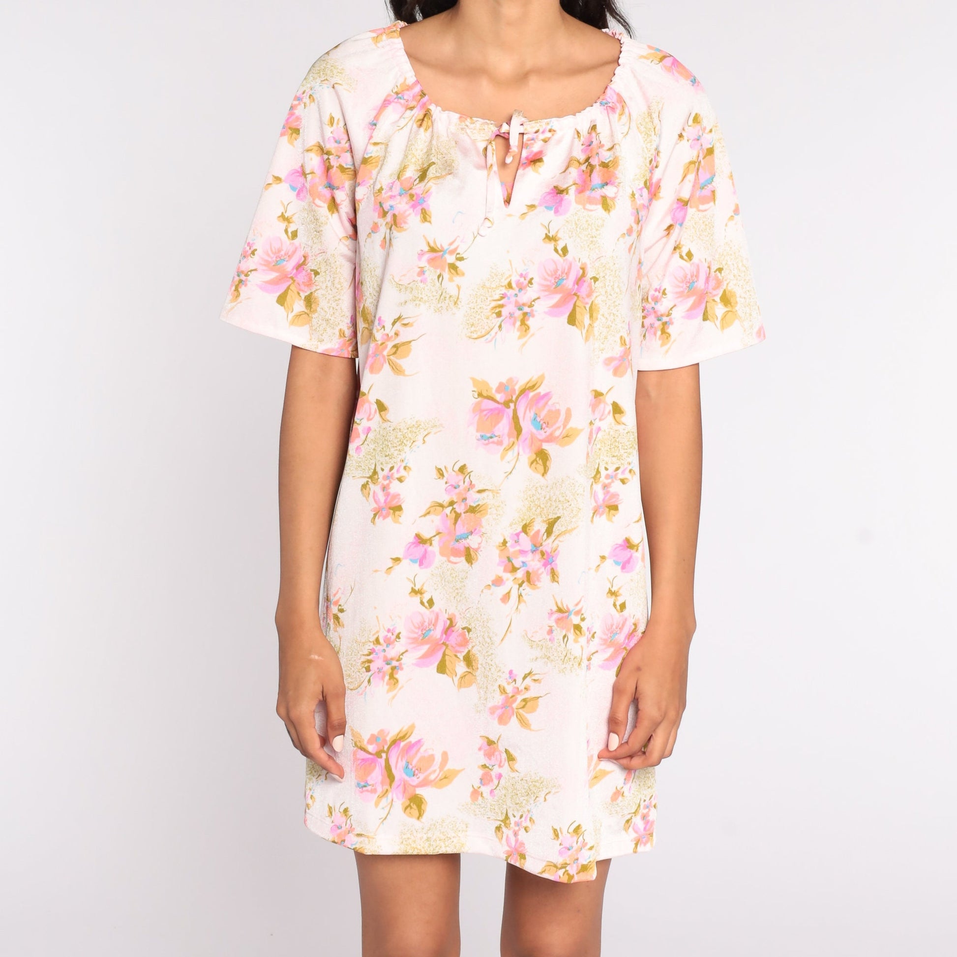 70s Floral Mini Dress Keyhole Shift Short Sleeve Pink Medium Large