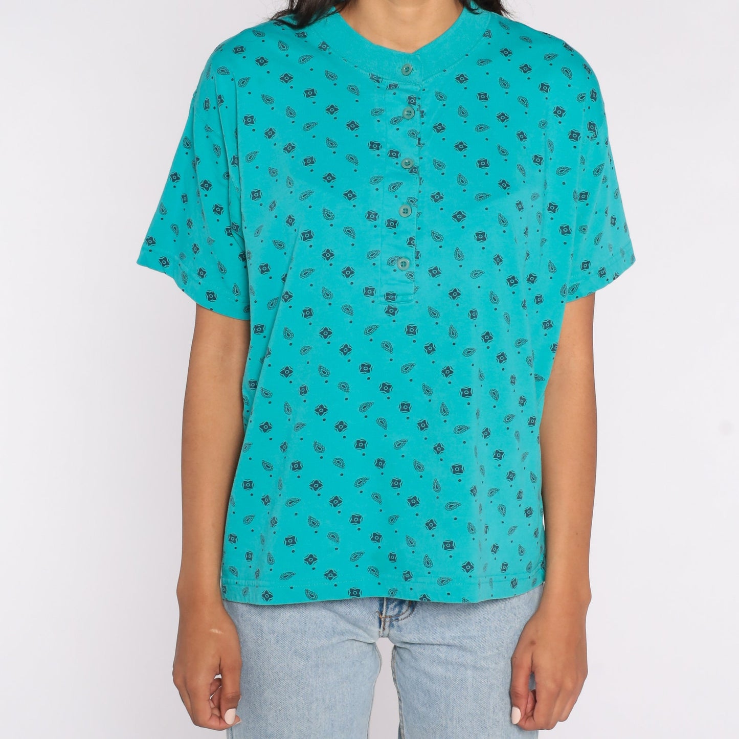 80s Turquoise Paisley Henley Button-Up Shirt Short Sleeve Large
