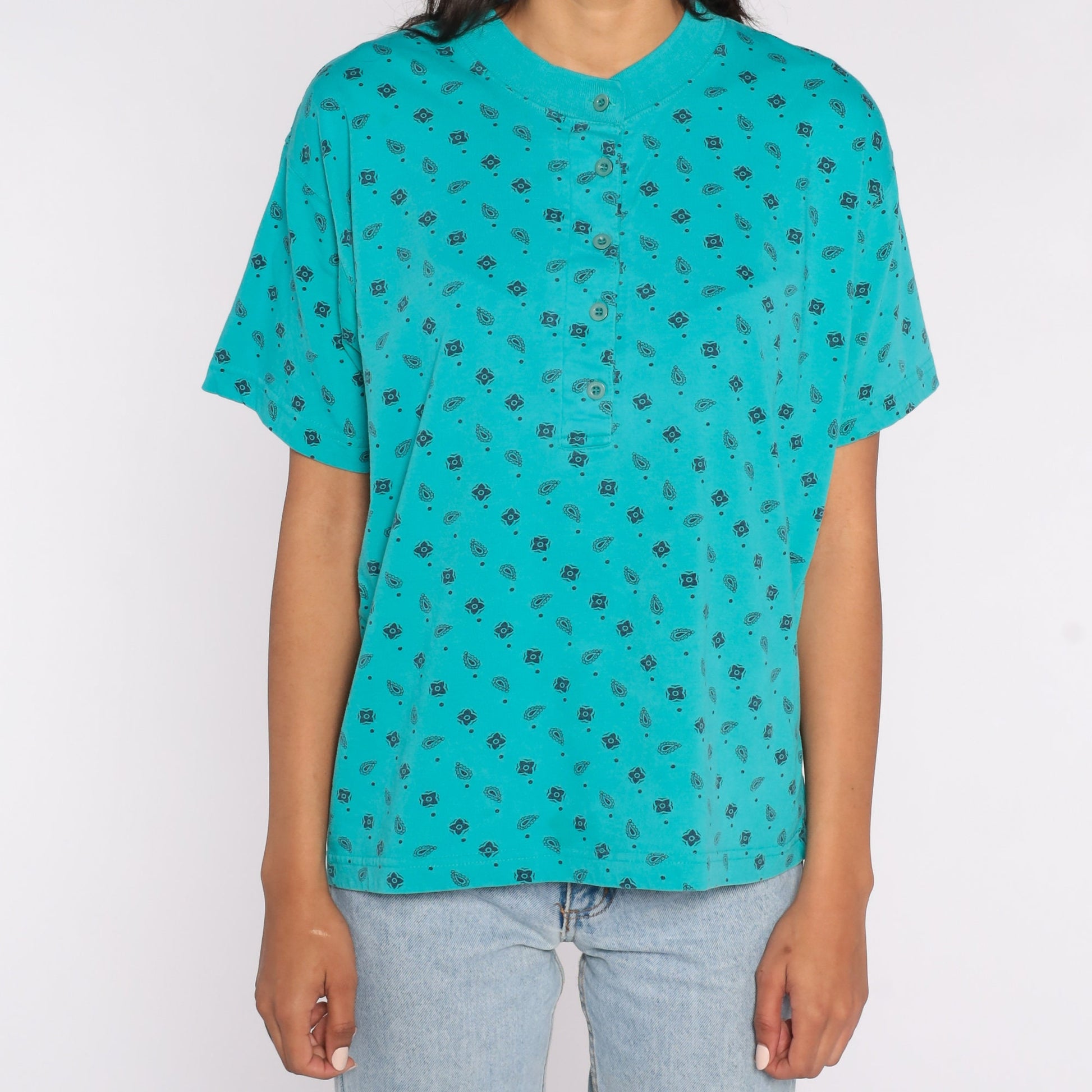 80s Turquoise Paisley Henley Button-Up Shirt Short Sleeve Large
