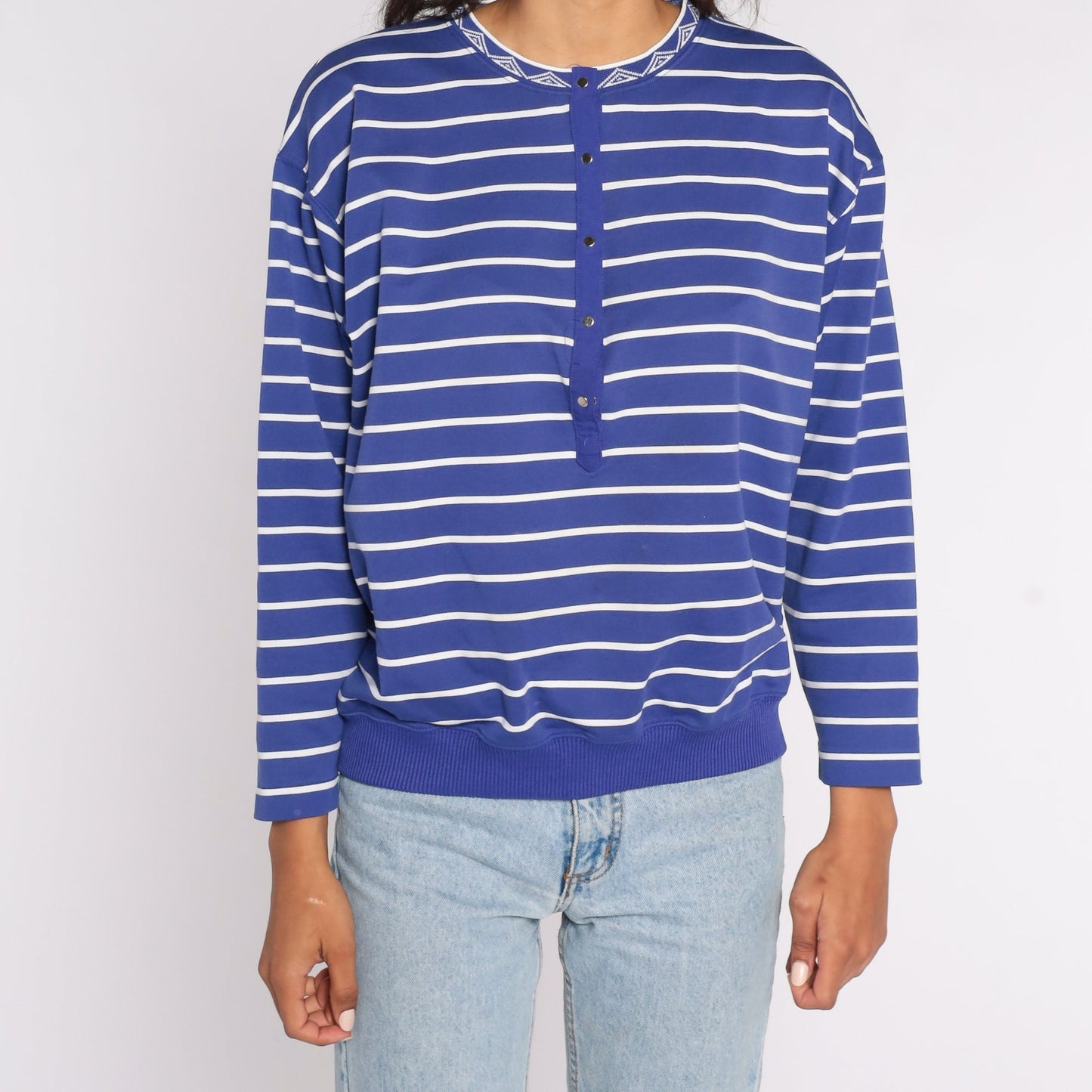 80s Purple Striped Long Sleeve Henley Top Large