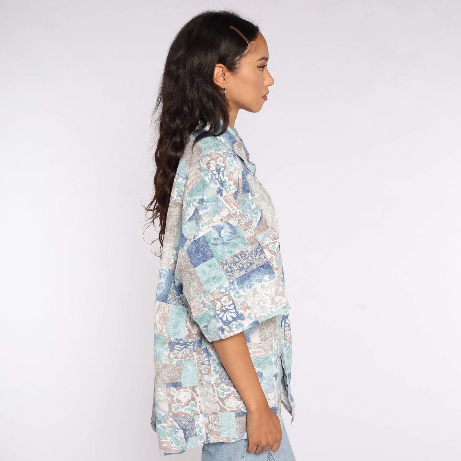 90s Floral Geometric Button-Up Blouse Blue Cotton XXL