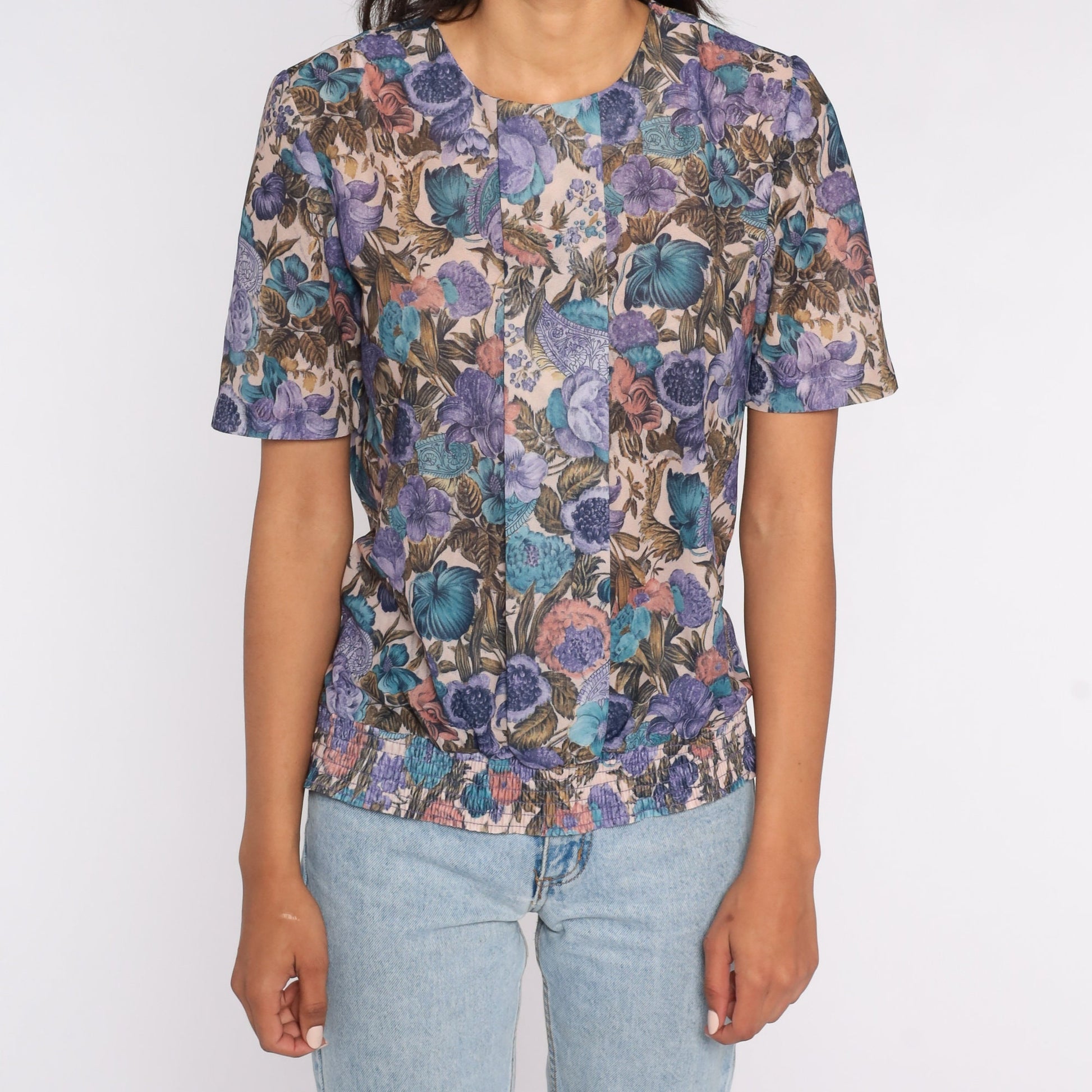80s Purple Floral Print Blouse Short Sleeve Shirt Medium