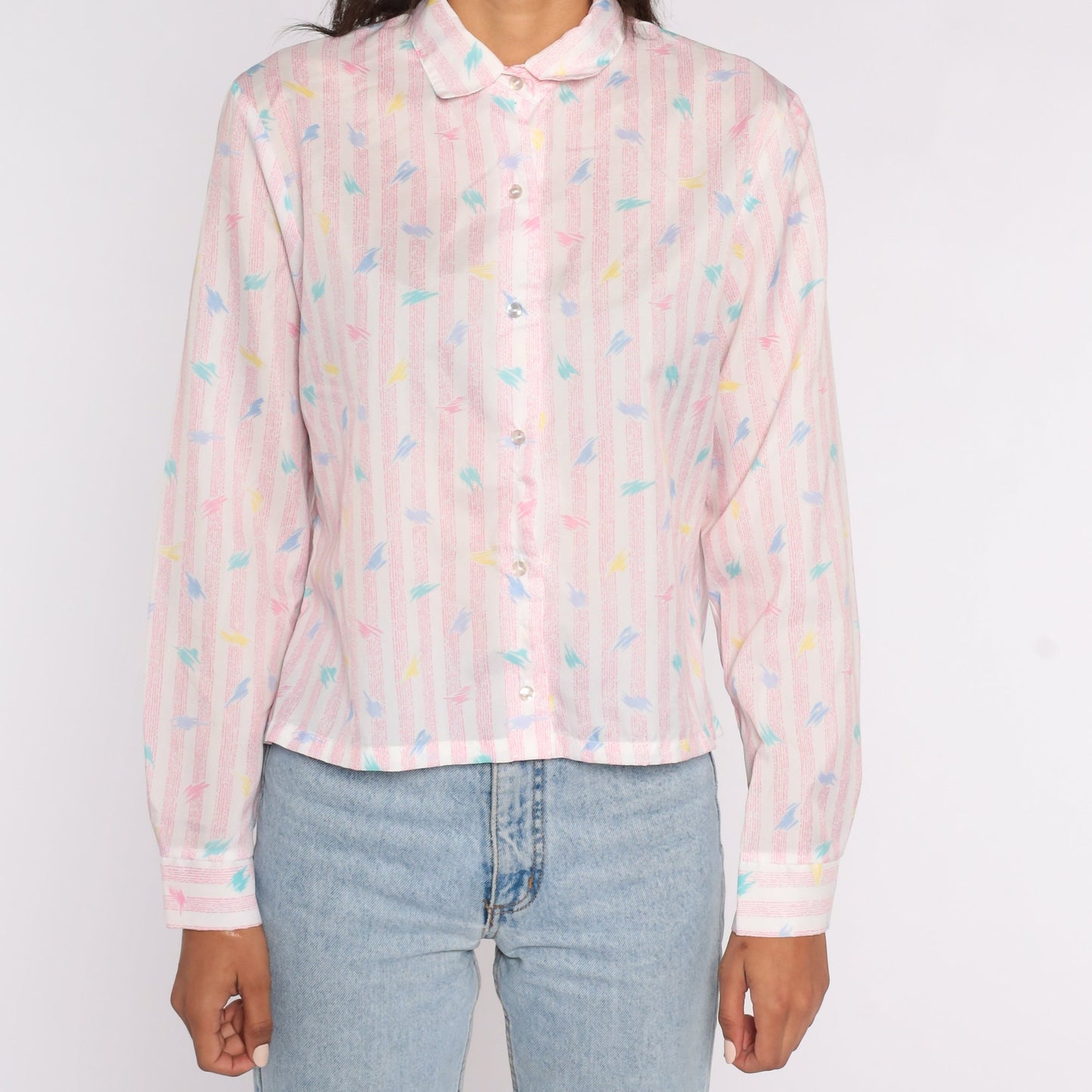 80s Pink Striped Brushstroke Button-Up Shirt Long Sleeve Collar Medium