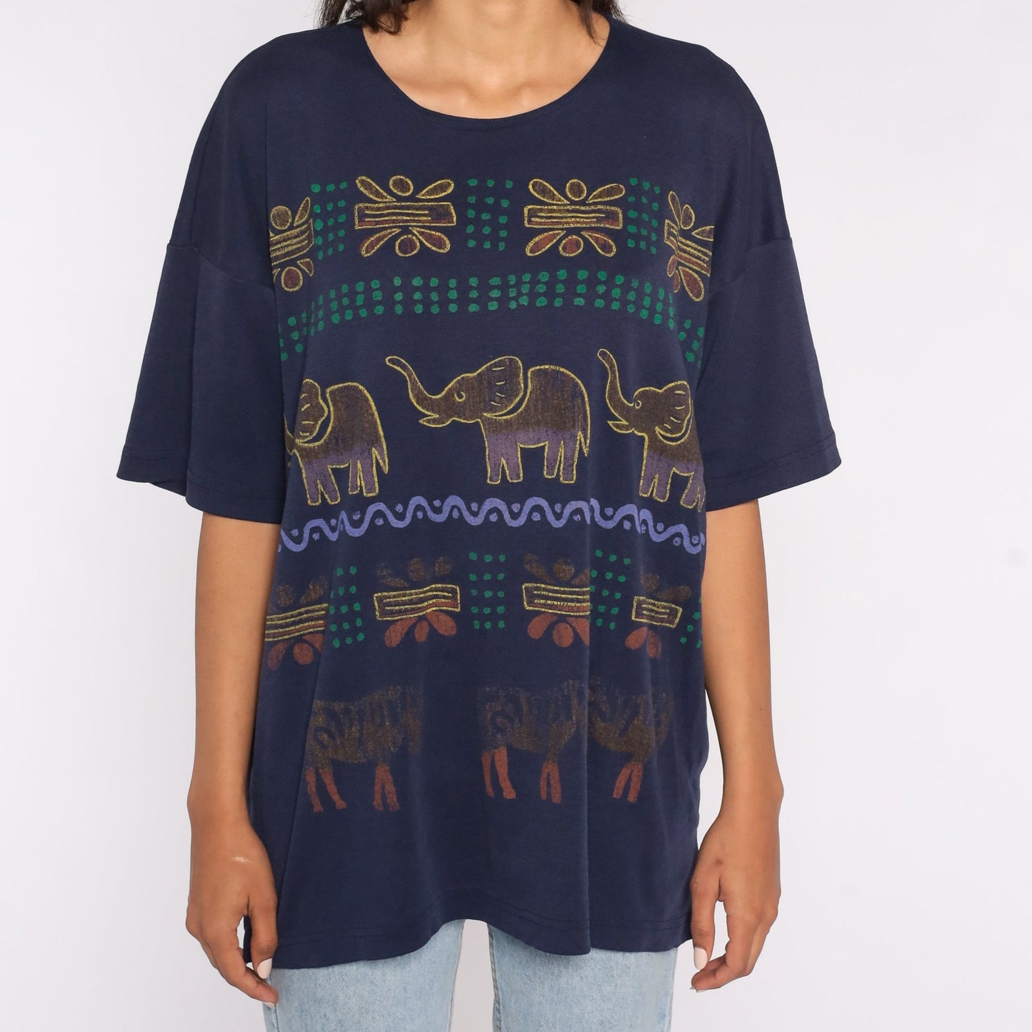 90s Safari Animal Graphic T-Shirt Navy Blue Elephant Zebra Extra Large