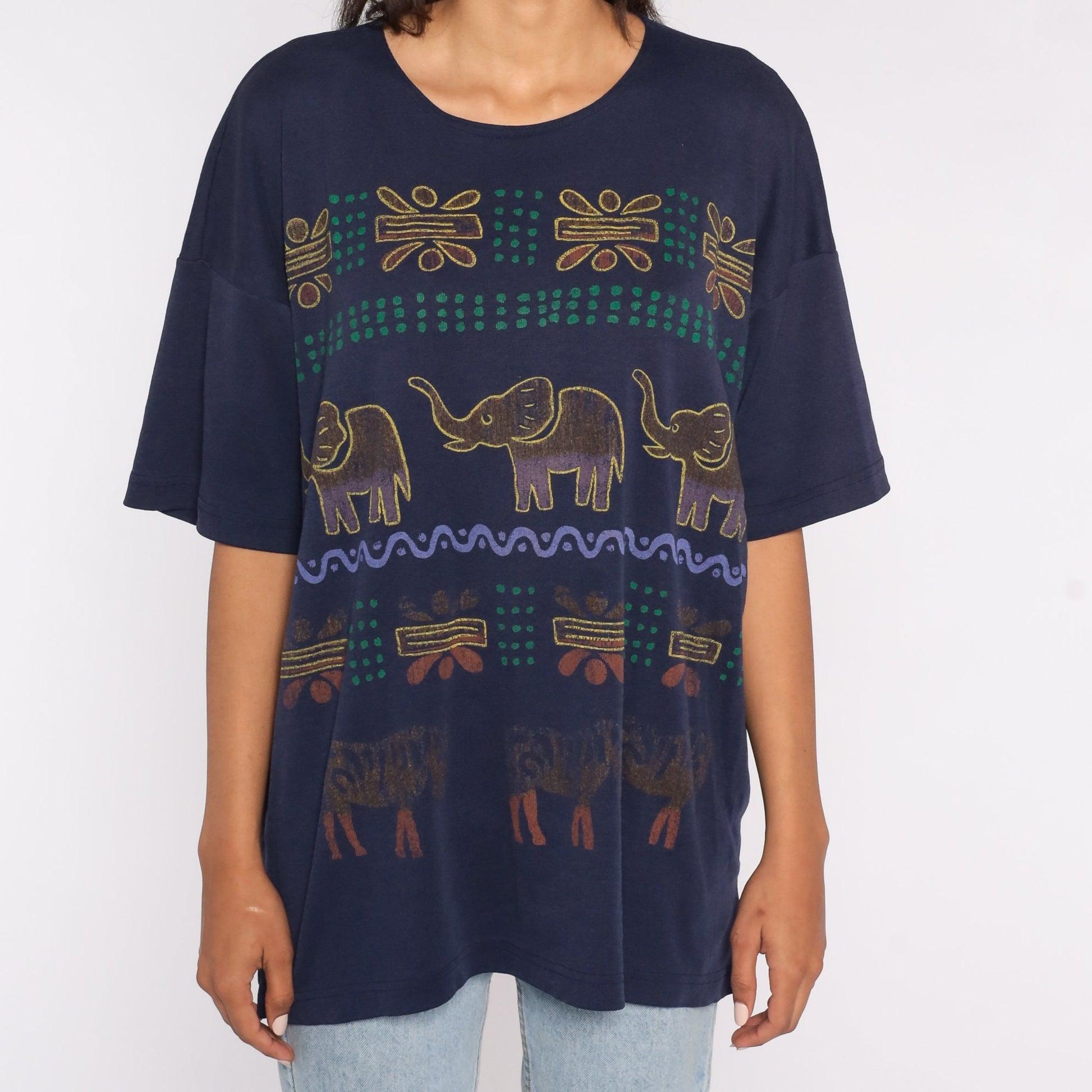 90s Safari Animal Graphic T-Shirt Navy Blue Elephant Zebra Extra Large