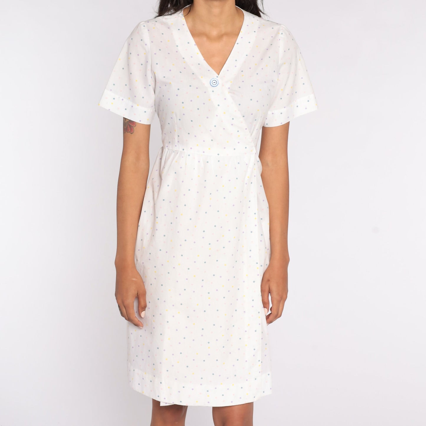 80s White Polka Dot Wrap Mini Dress V-Neck Short Sleeve Medium
