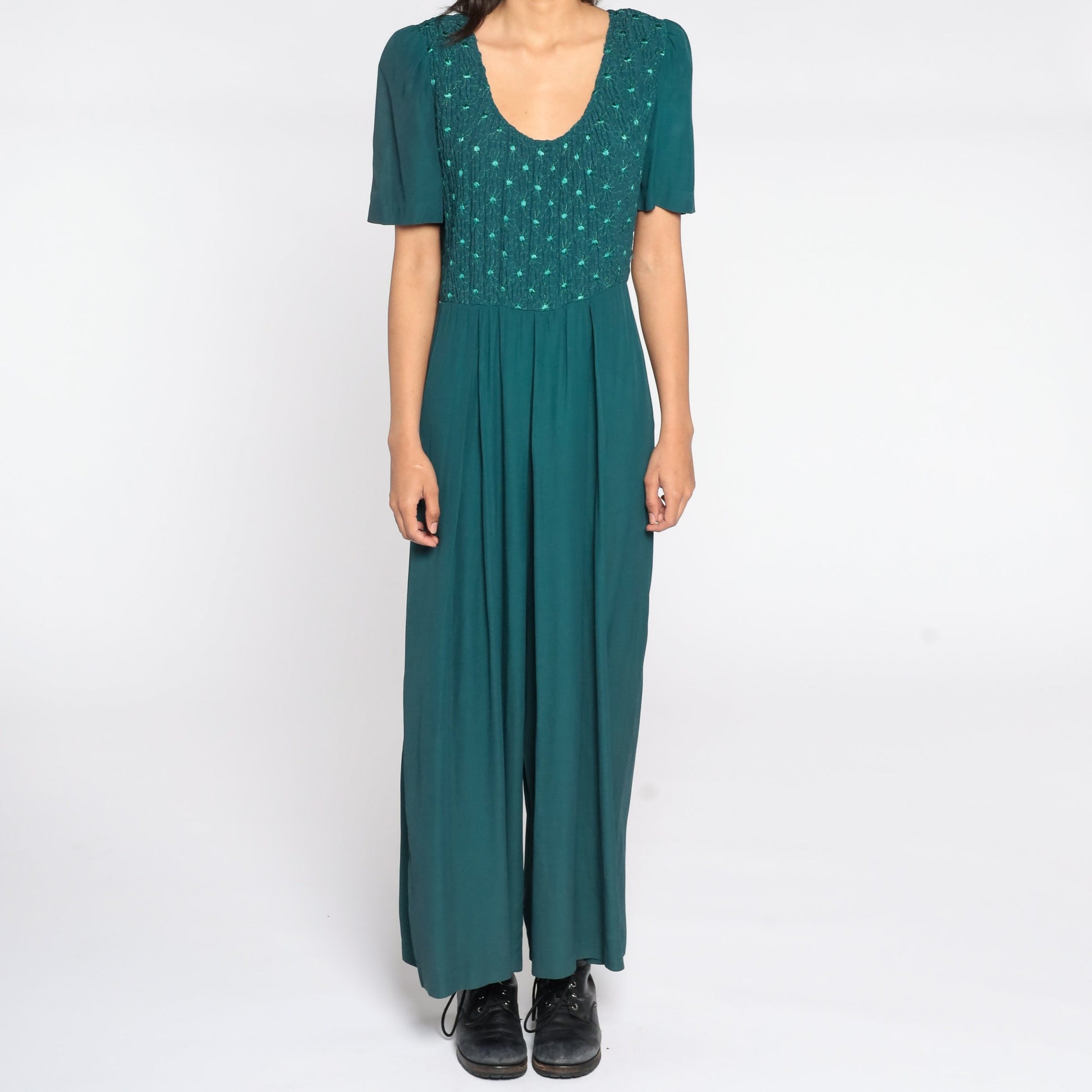 90s Green Jumpsuit Wide Leg Puff Sleeve Embroidered Button Up Large 12