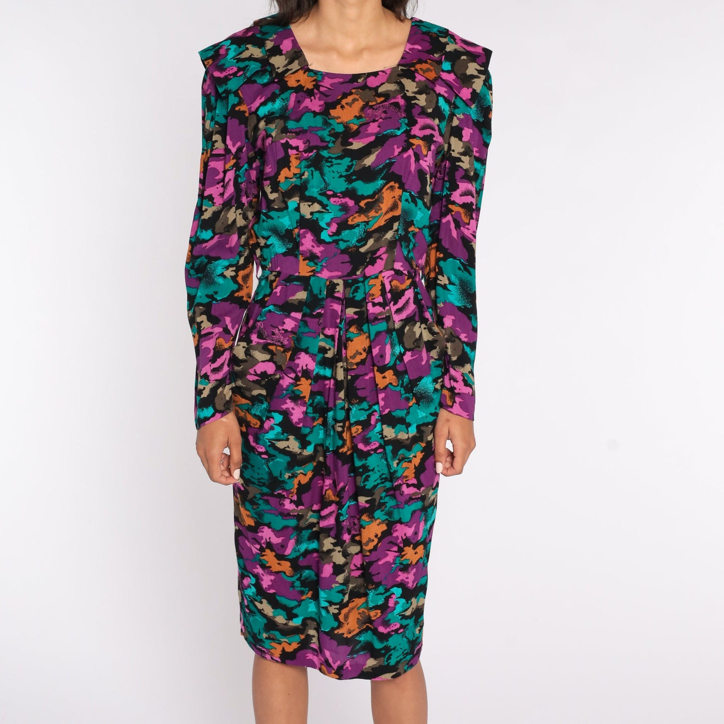 80s Abstract Print Midi Dress Puff Sleeve Purple Wiggle Pencil Medium