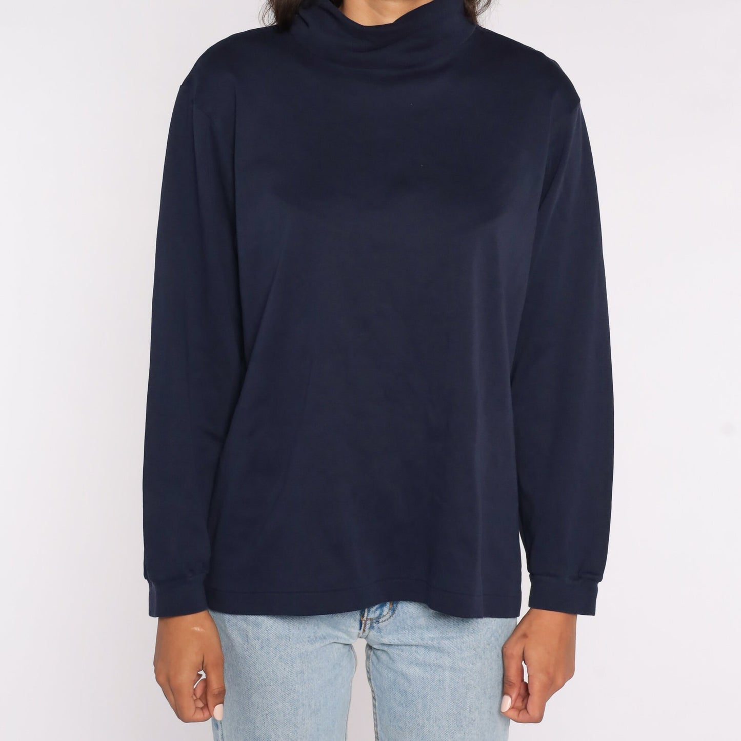 80s Navy Mock Neck Long Sleeve Shirt Cotton Top Extra Large XL