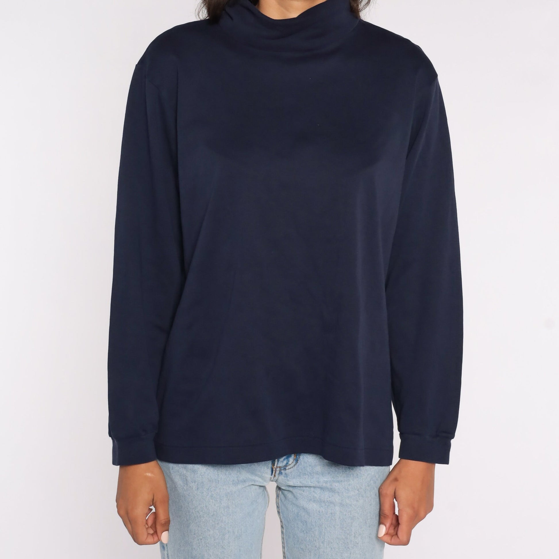80s Navy Mock Neck Long Sleeve Shirt Cotton Top Extra Large XL