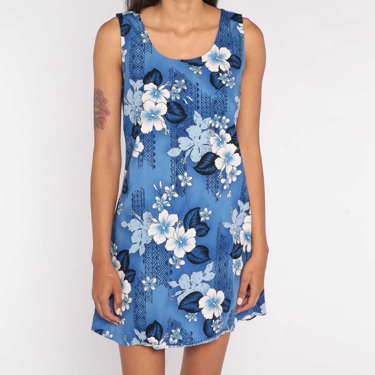 90s Hawaiian Floral Mini Sundress Blue Sleeveless Sheath Small