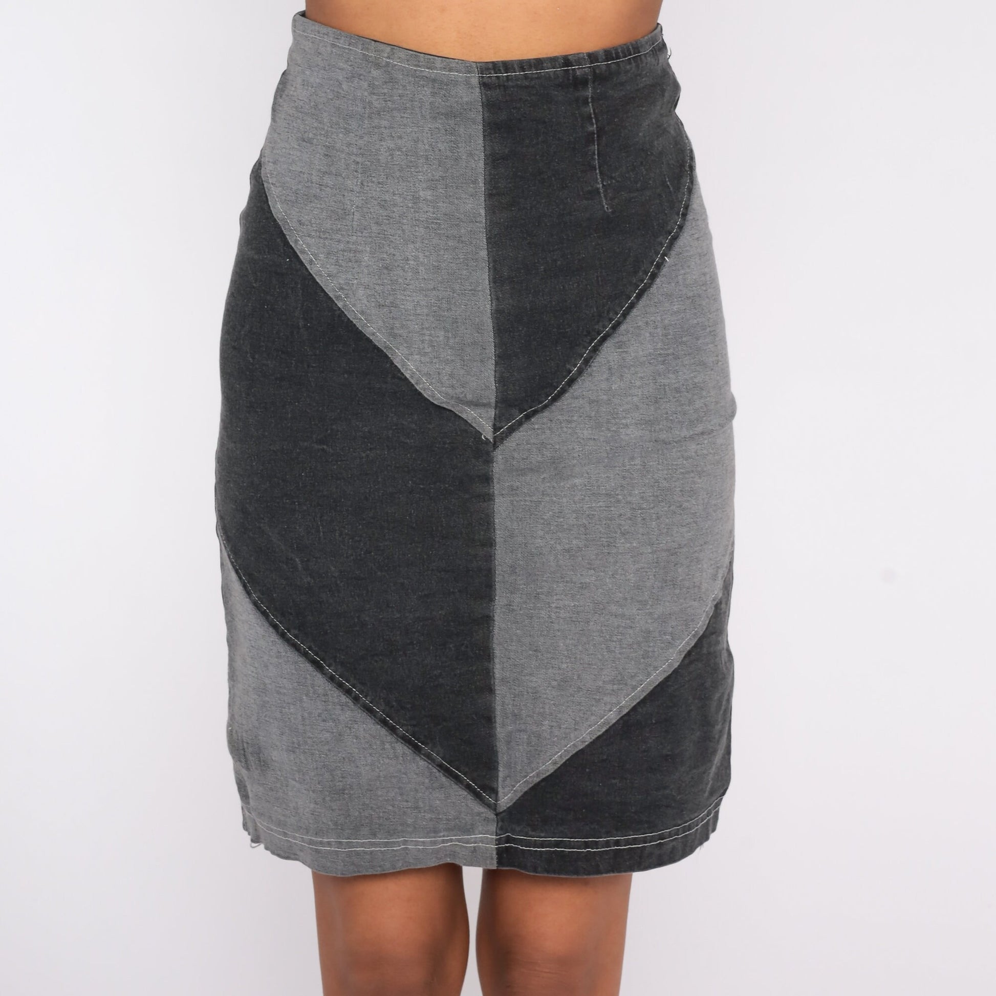 90s Black Grey Colour Block Mini Pencil Skirt High Waisted Extra Small