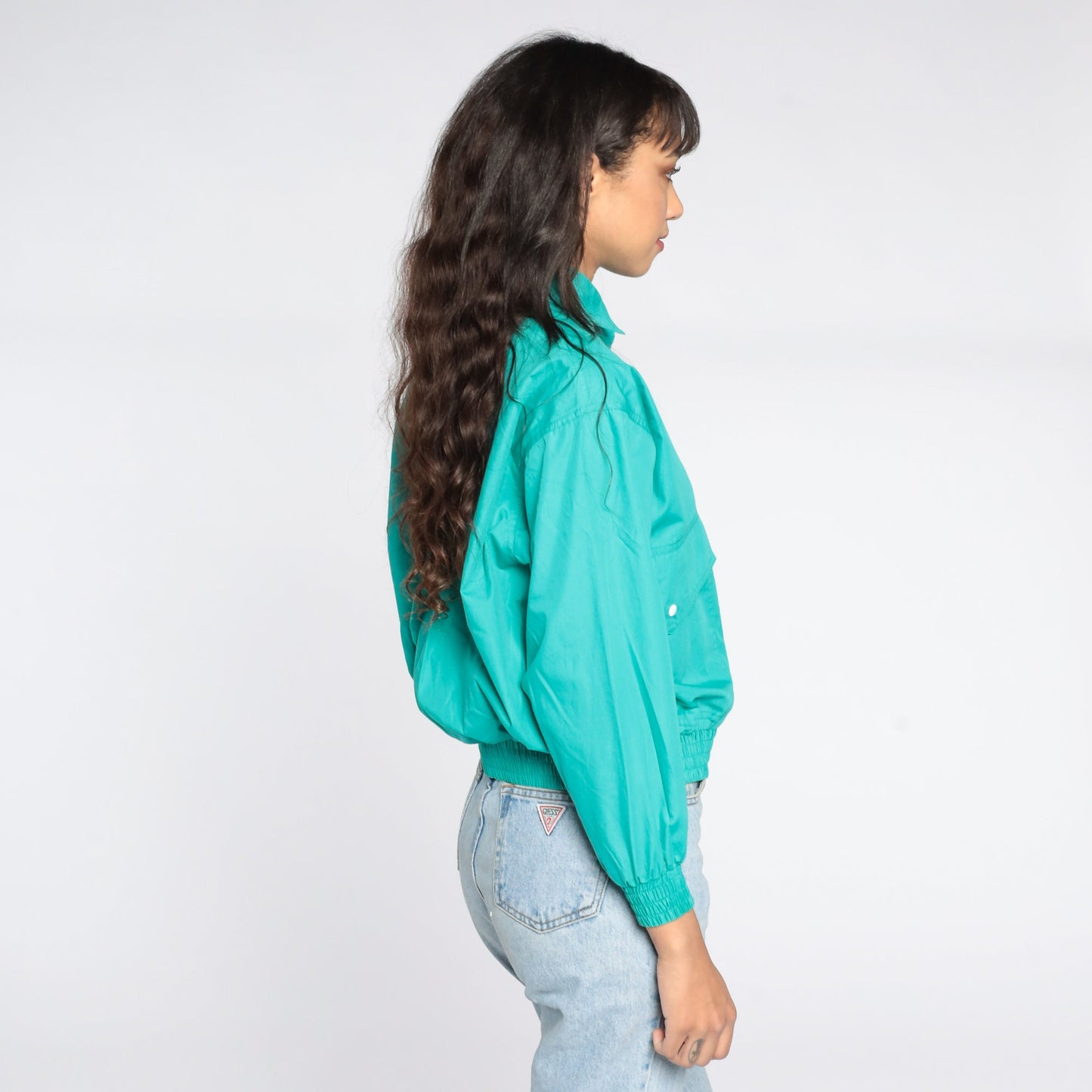 80s Turquoise Bomber Jacket Button-Up Windbreaker Small S