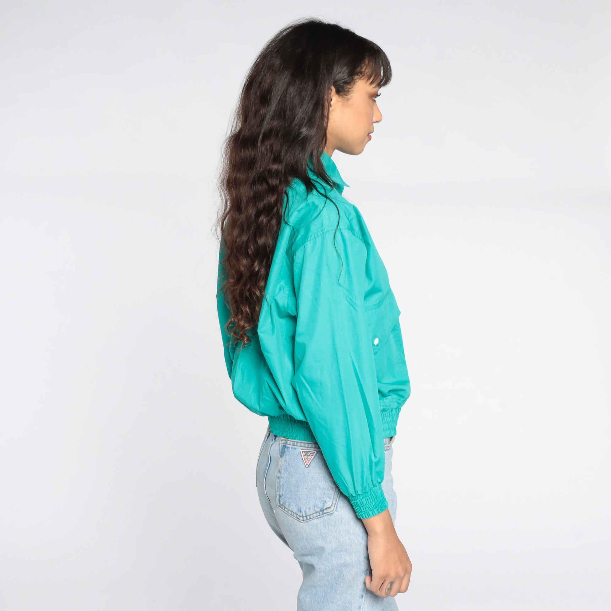80s Turquoise Bomber Jacket Button-Up Windbreaker Small S