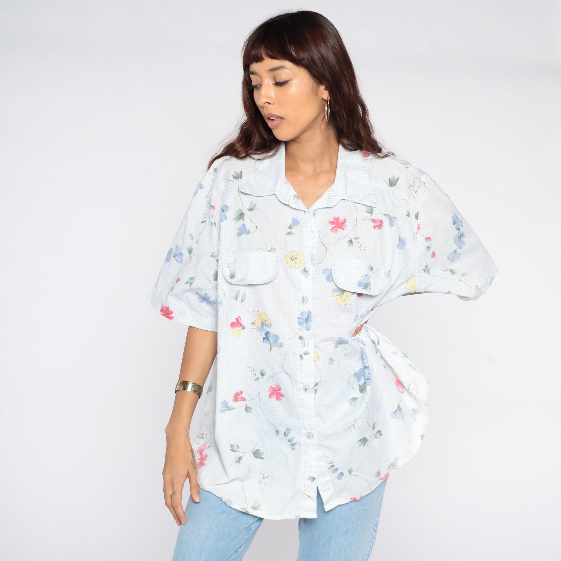 90s Floral Button-Up Blouse Blue Gingham Short Sleeve Shirt Plus Size 20W