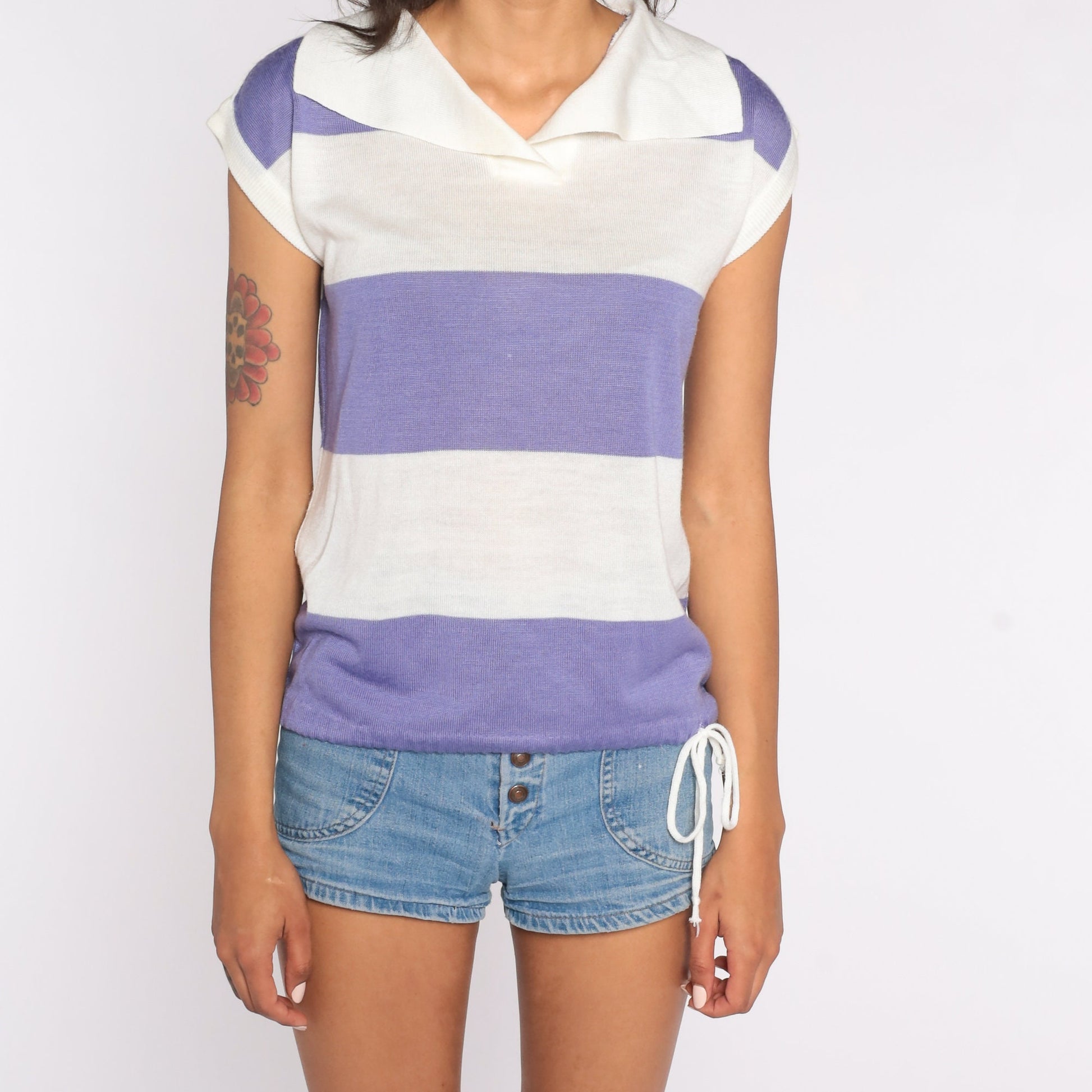 70s Striped Knit Blouse Purple Cap Sleeve Drawstring Waist Small Medium