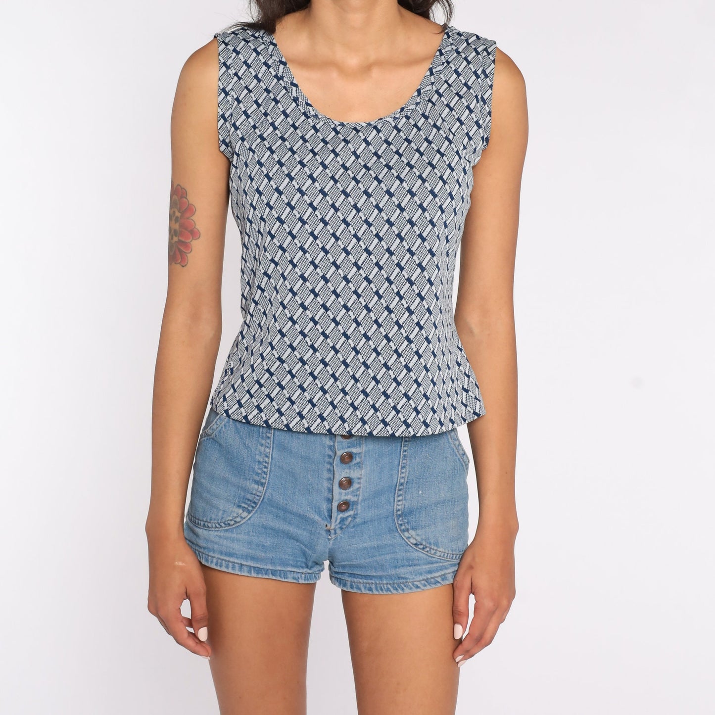 70s Geometric Tank Top Blue Checkered Sleeveless Blouse Small