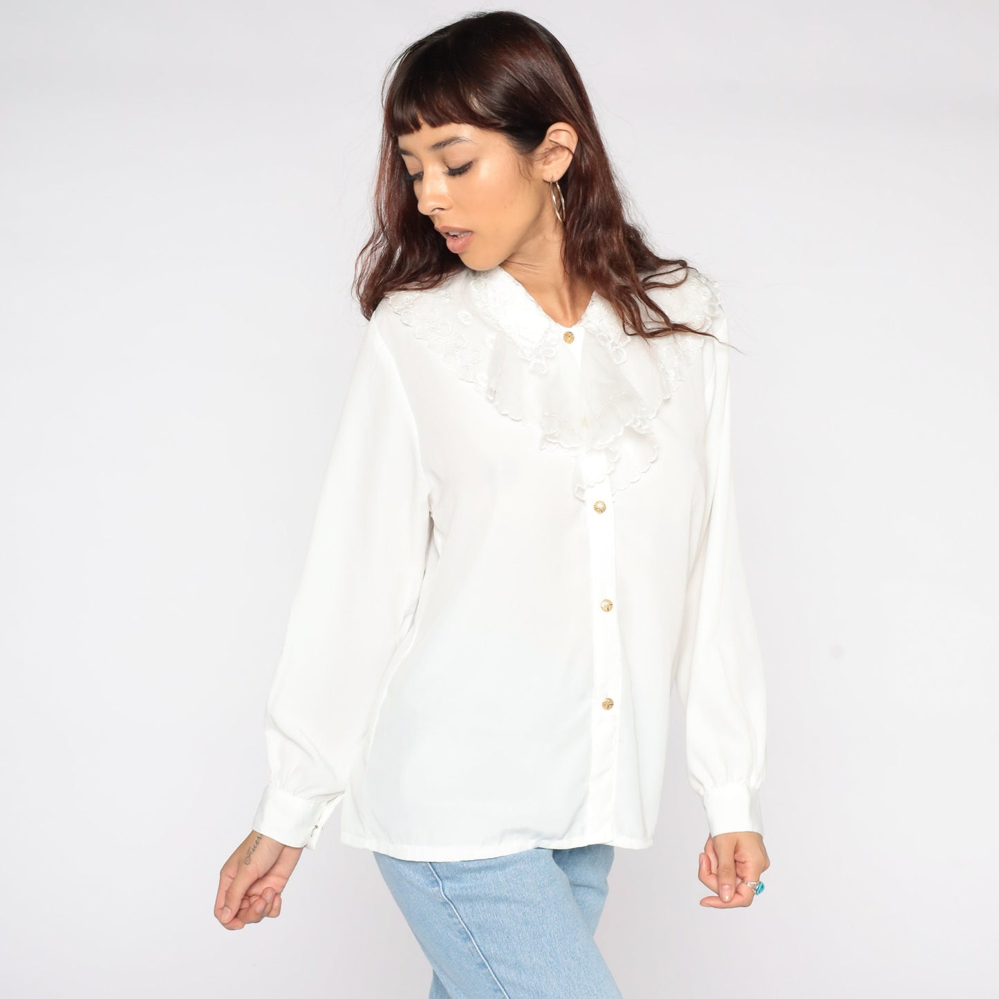 80s White Tuxedo Ruffle Blouse Long Sleeve Button Up Large