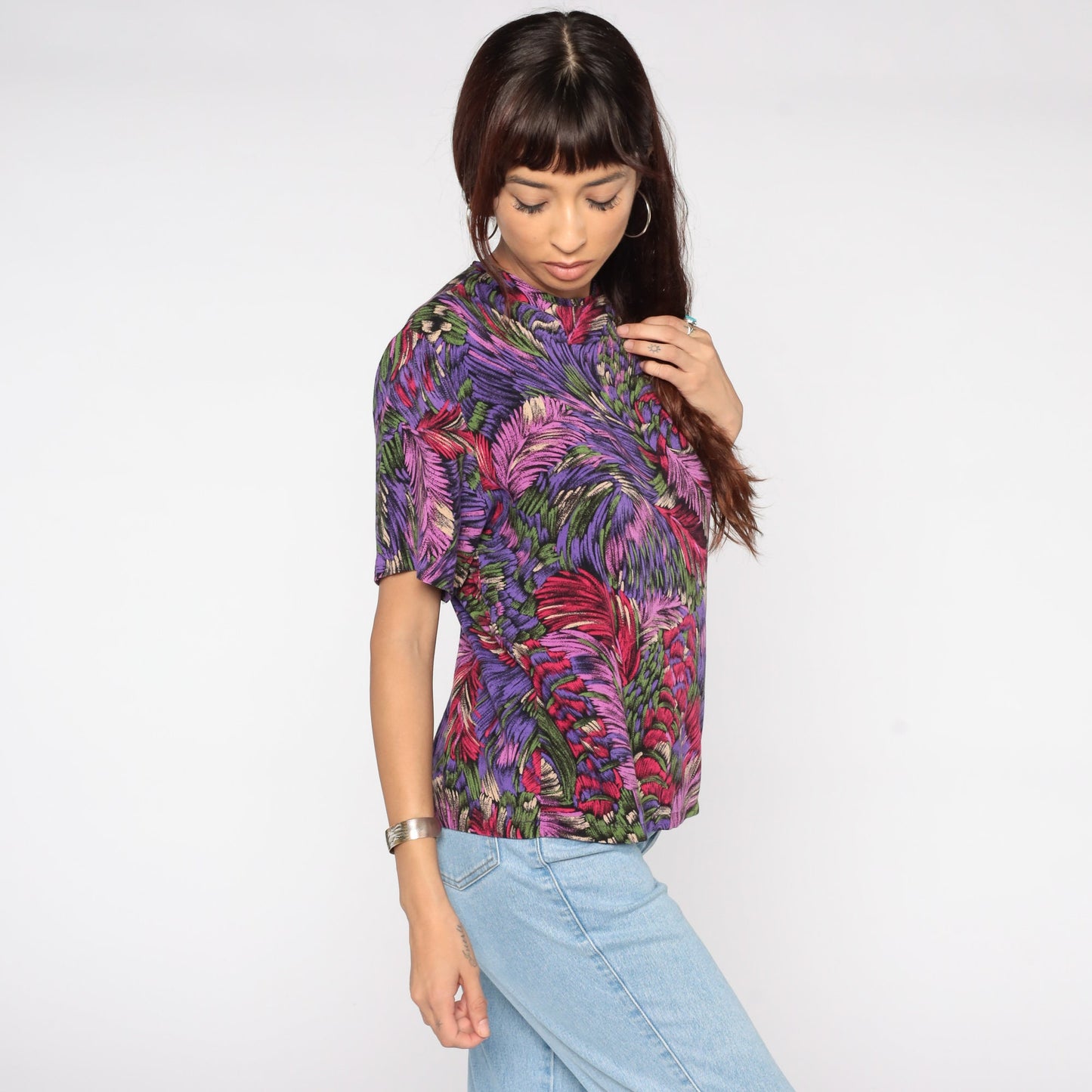 80s Feather Print Shirt Purple Graphic Blouse Medium