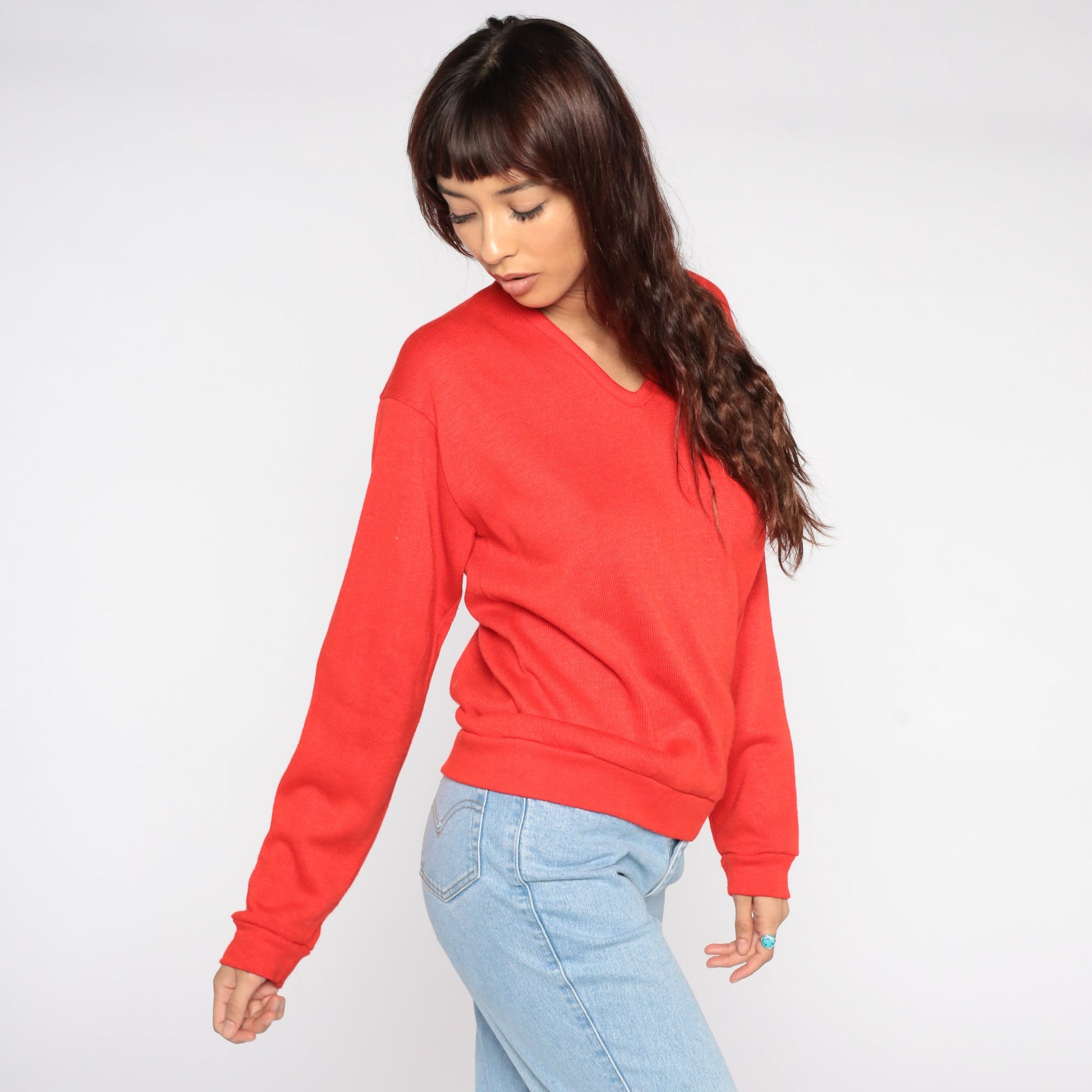 80s Red V-Neck Knit Sweater Slouchy Pullover Medium
