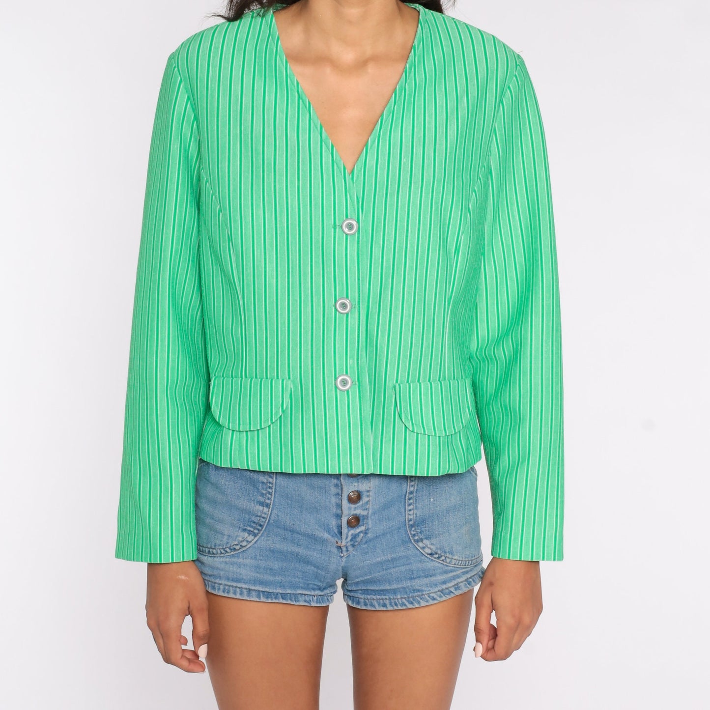 70s Green Striped Button-Up Shirt Long Sleeve Blouse V-Neck Large L