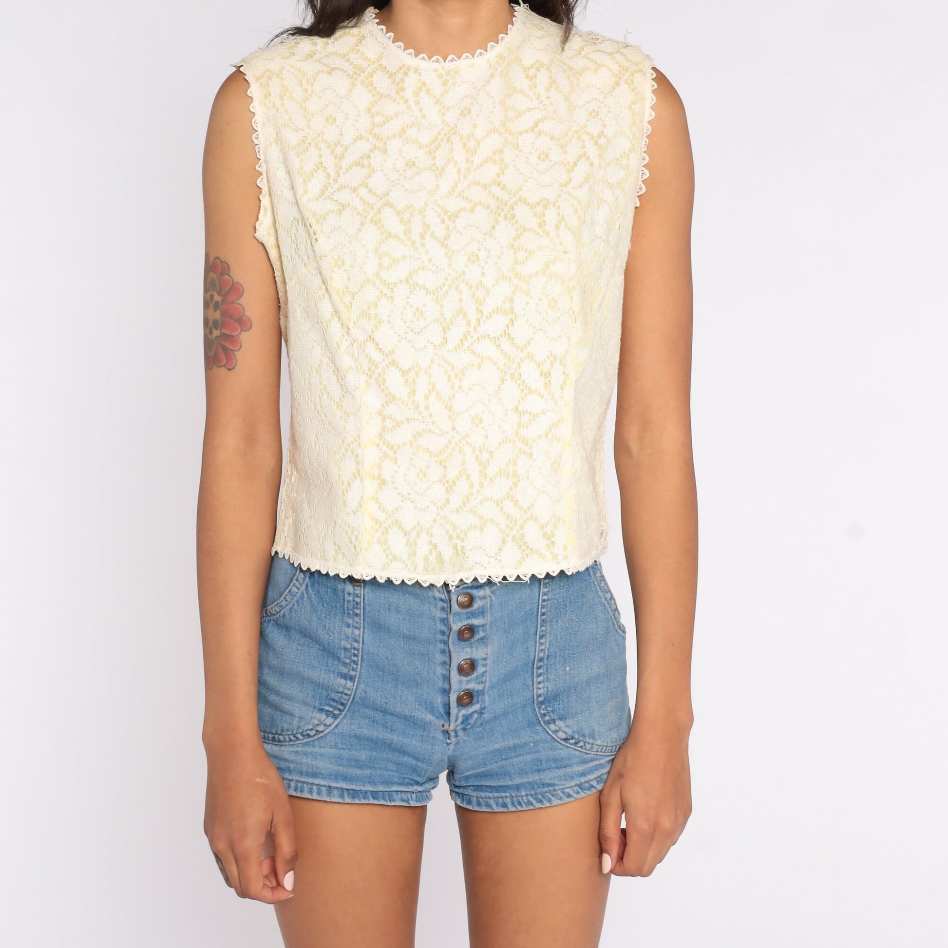 60s Cream Lace Crop Top Sleeveless Blouse Small