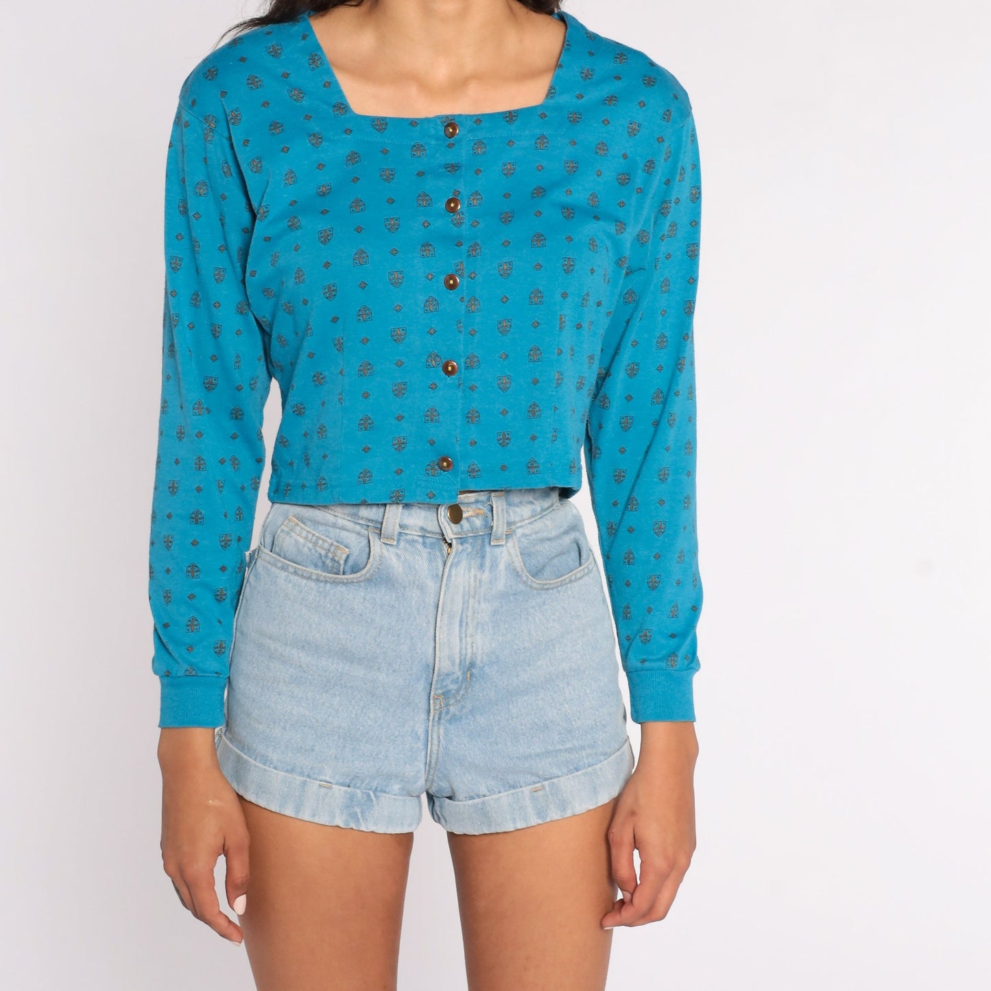 80s Turquoise Geometric Cotton Crop Top Button-Up Blouse Long Sleeve Medium