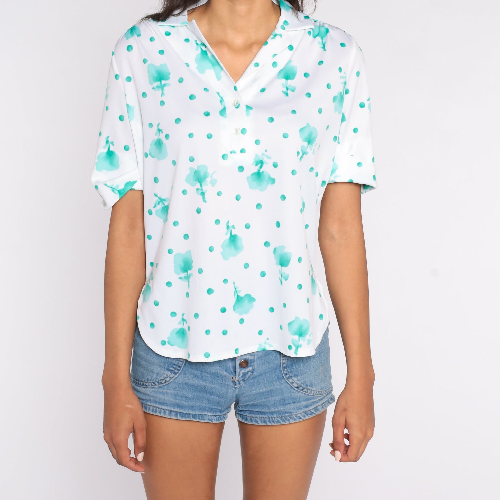 70s White Floral Print Tunic Top Short Sleeve Medium Large