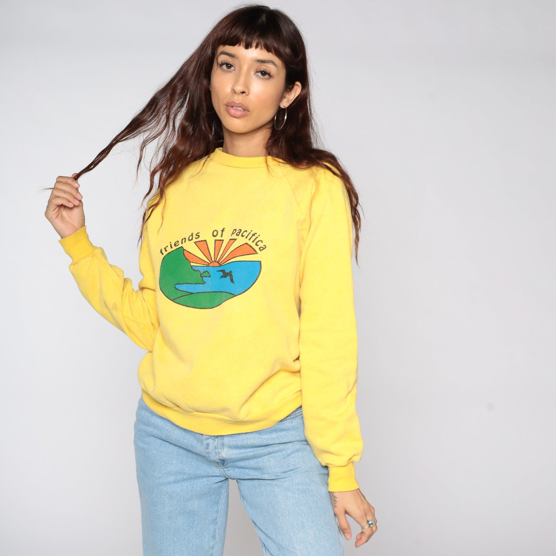 80s Friends of Pacifica Bird Sweatshirt Yellow Raglan Crewneck Medium