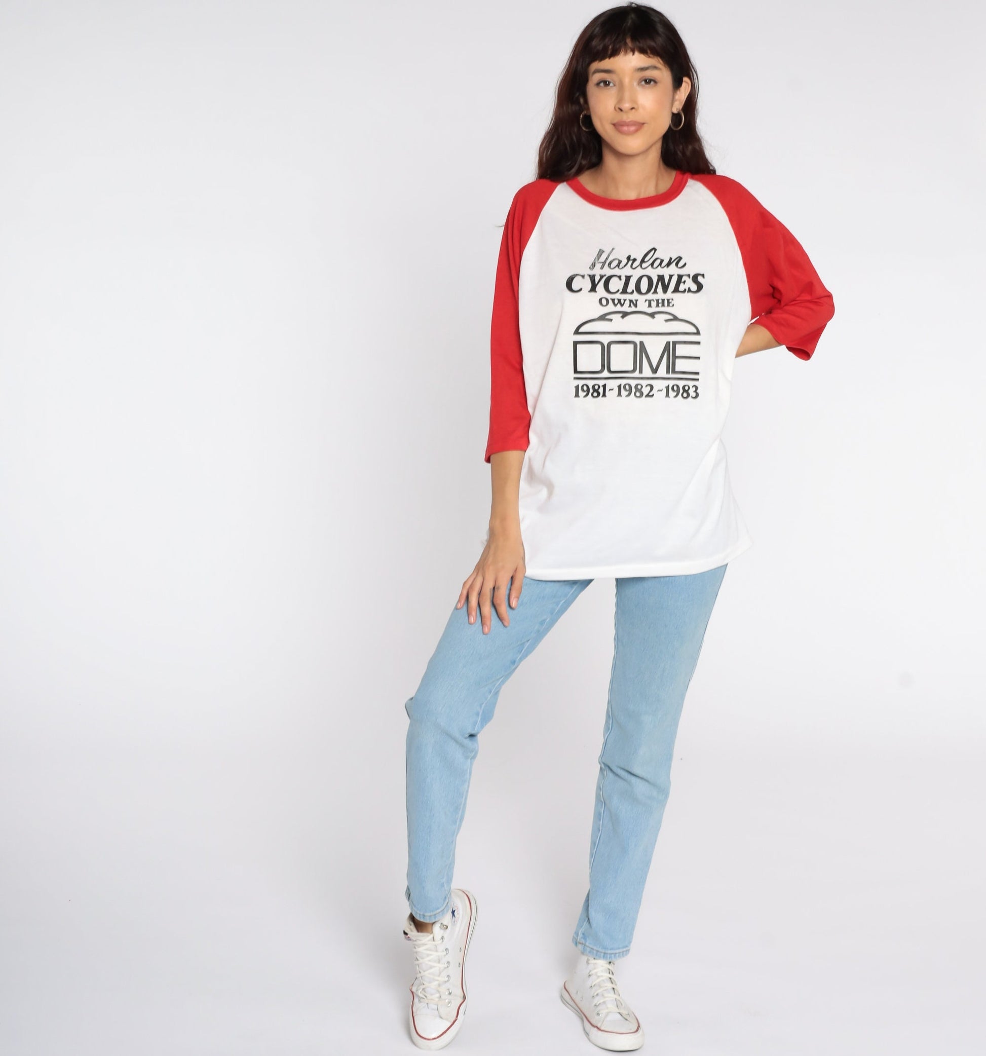 80s Harlan Cyclones Bogler Raglan Baseball Tee White Red Extra Large