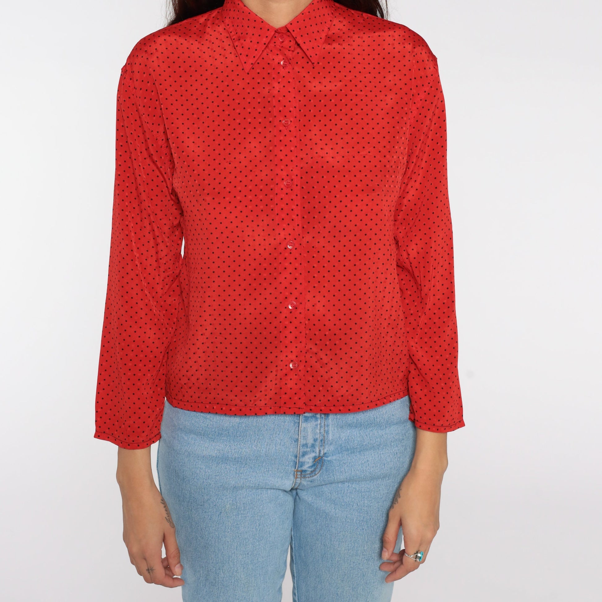 80s Red Polka Dot Button-Up Blouse Long Sleeve Small S