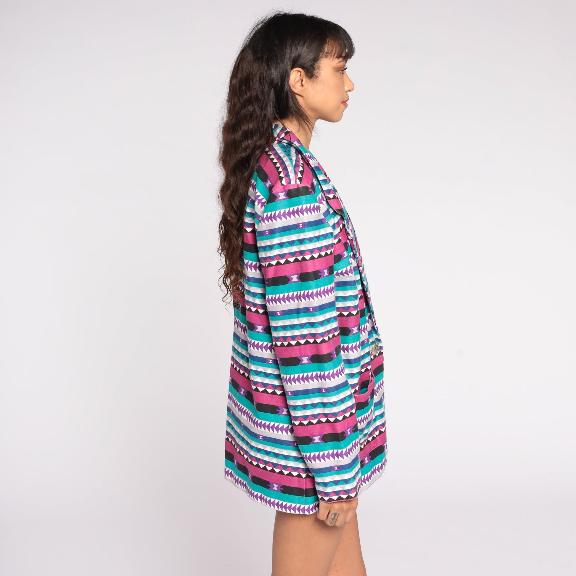 80s Southwestern Aztec Jacket Pink Turquoise Cotton Blazer Extra Large XXL