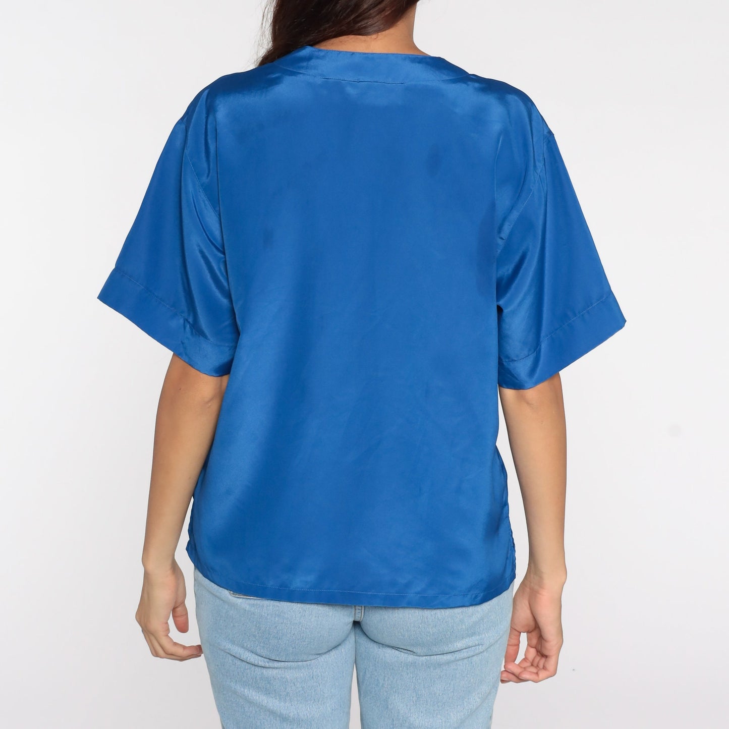 80s Royal Blue Button-Up Shirt Short Sleeve Blouse Medium