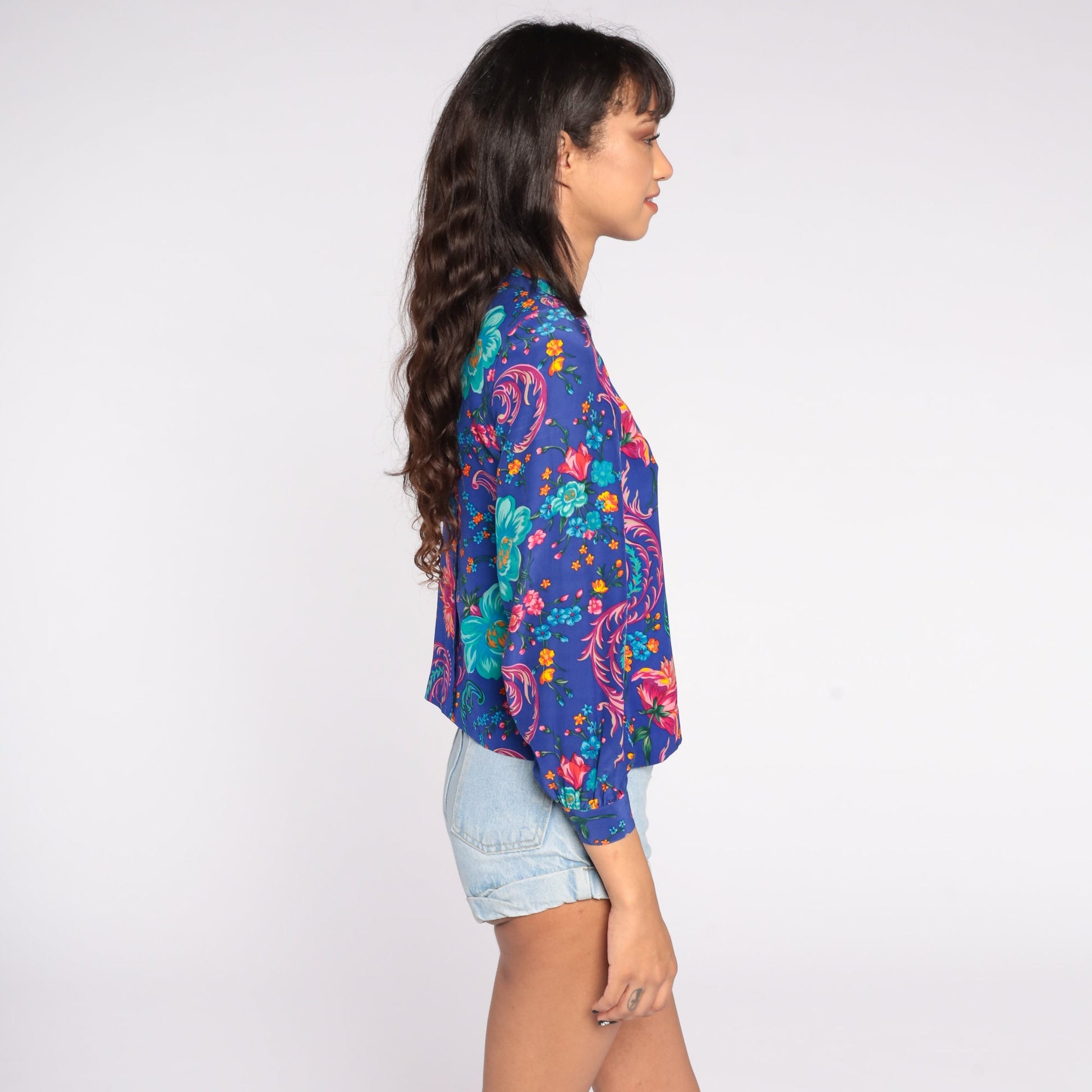 80s Silk Floral Blouse Puff Sleeve Button Back Blue Small