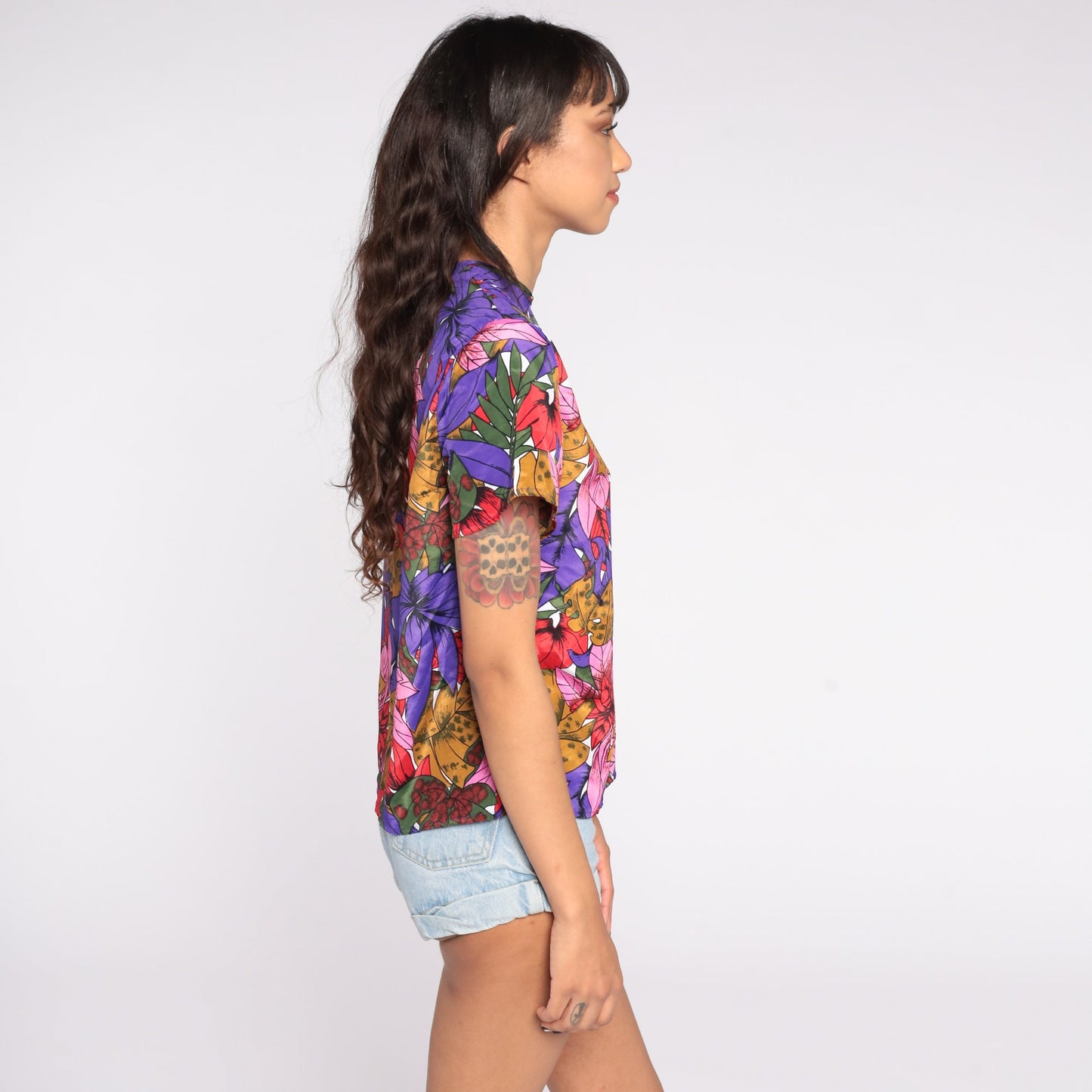 80s Purple Floral Shirt Keyhole Back Short Sleeve Blouse Small S