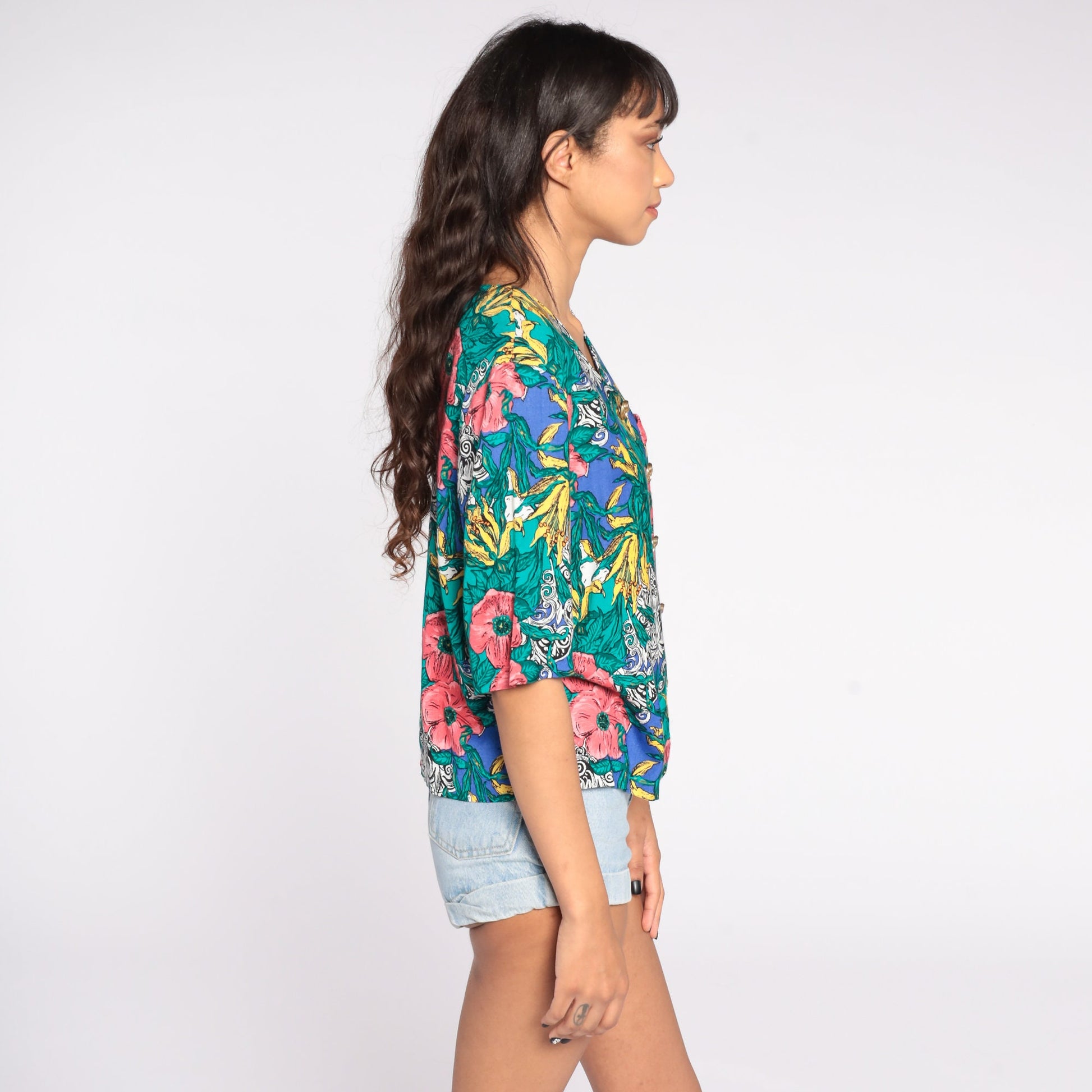 80s Tropical Floral Button Up Blouse Short Sleeve Blue Green Medium Large