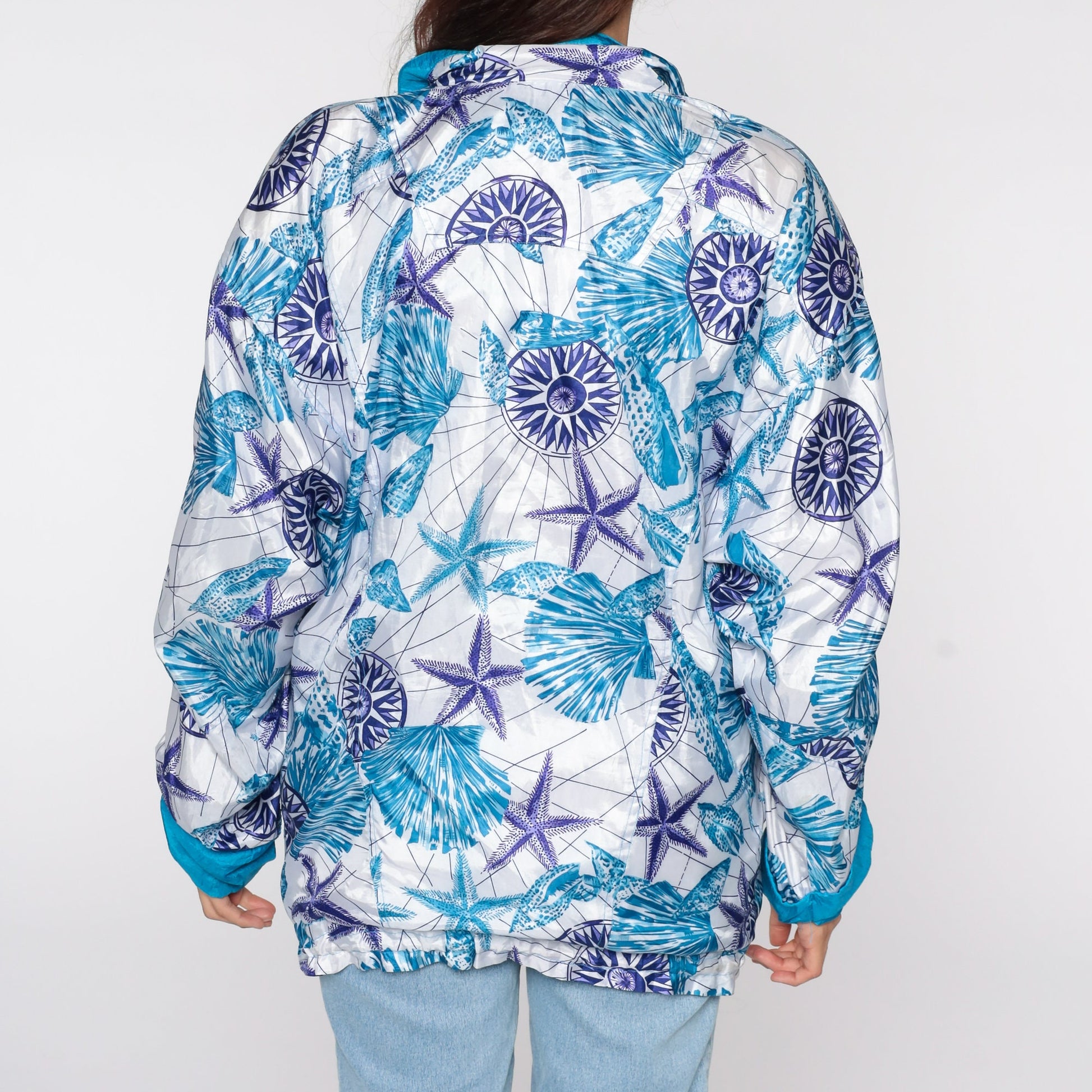 90s Seashell Nautical Windbreaker Jacket Purple Blue Zip Medium