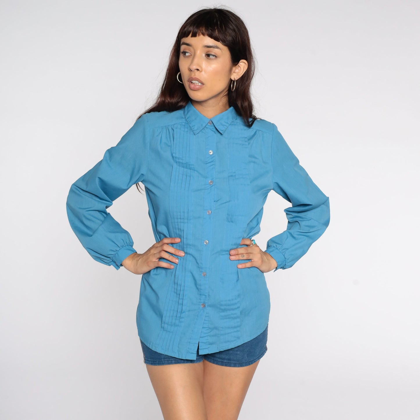 80s Blue Button-Up Blouse Pleated Long Sleeve Shirt Medium