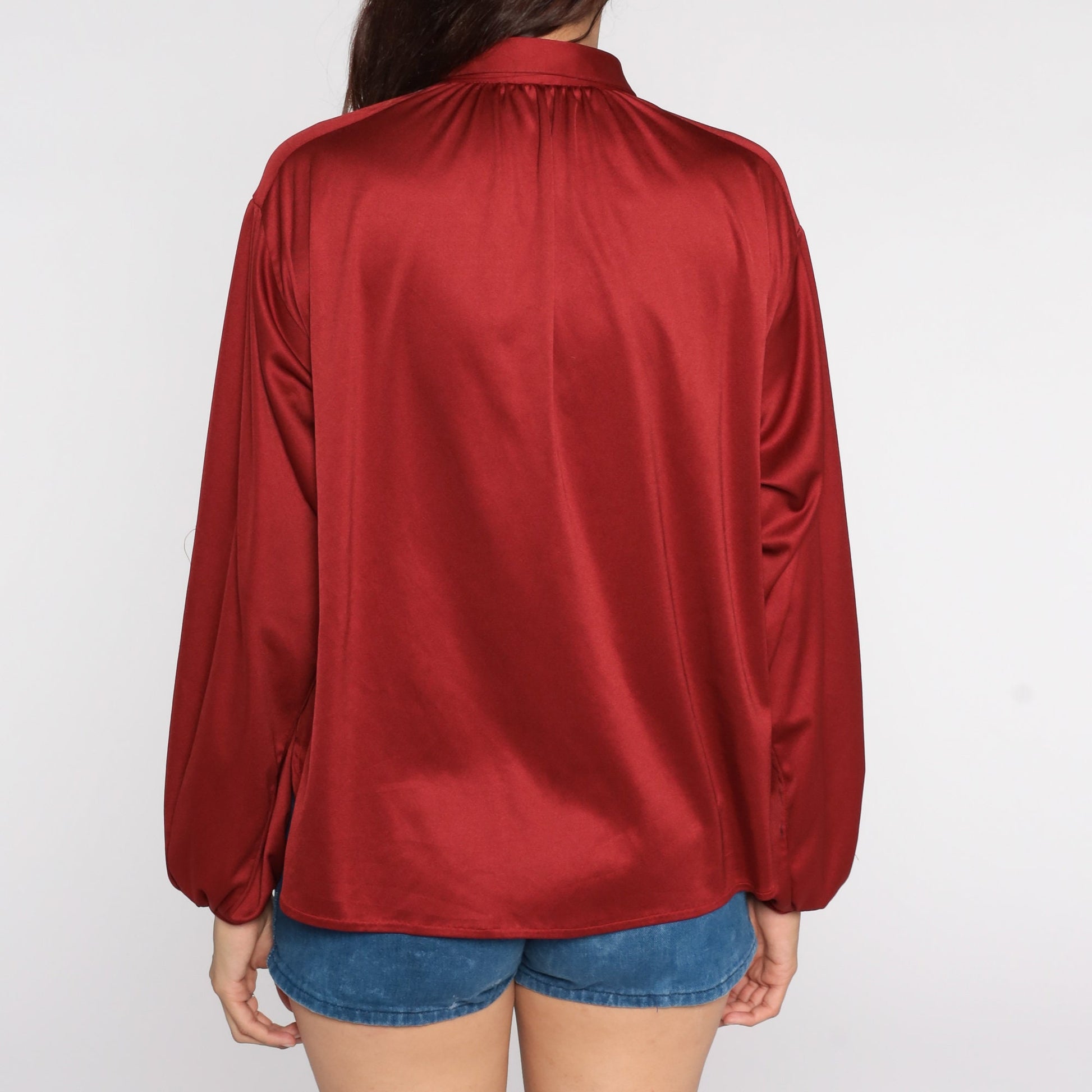 70s Rust Red Silky Blouse Peter Pan Collar Long Sleeve Disco Shirt Large L