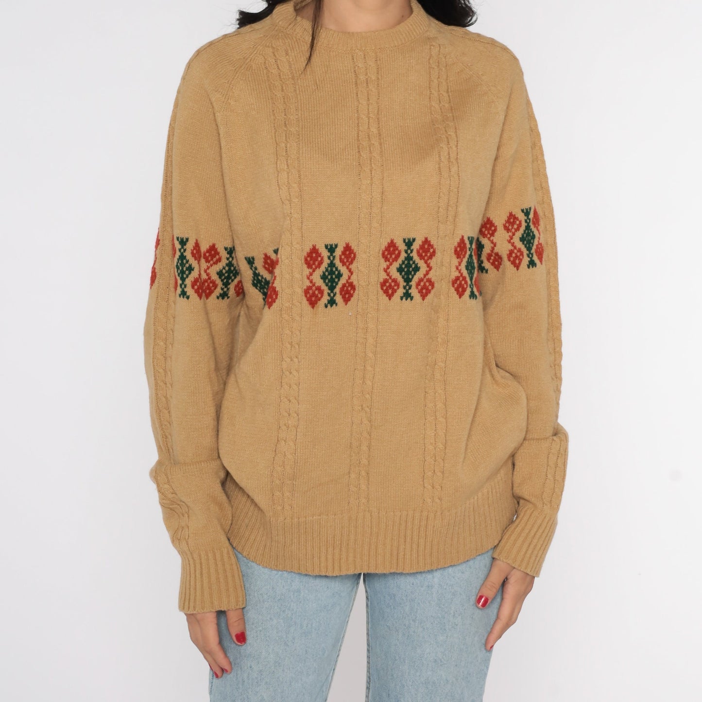 70s Robert Bruce Cable Knit Sweater Tan Geometric Pullover Large
