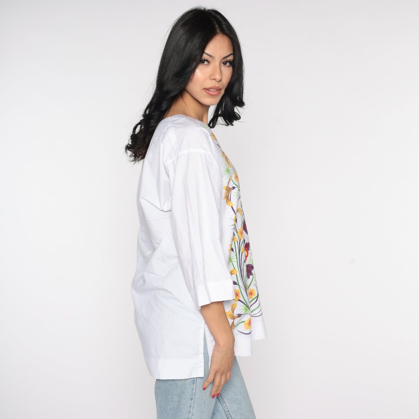 90s White Floral Tunic Blouse Cotton Long Sleeve Top Medium