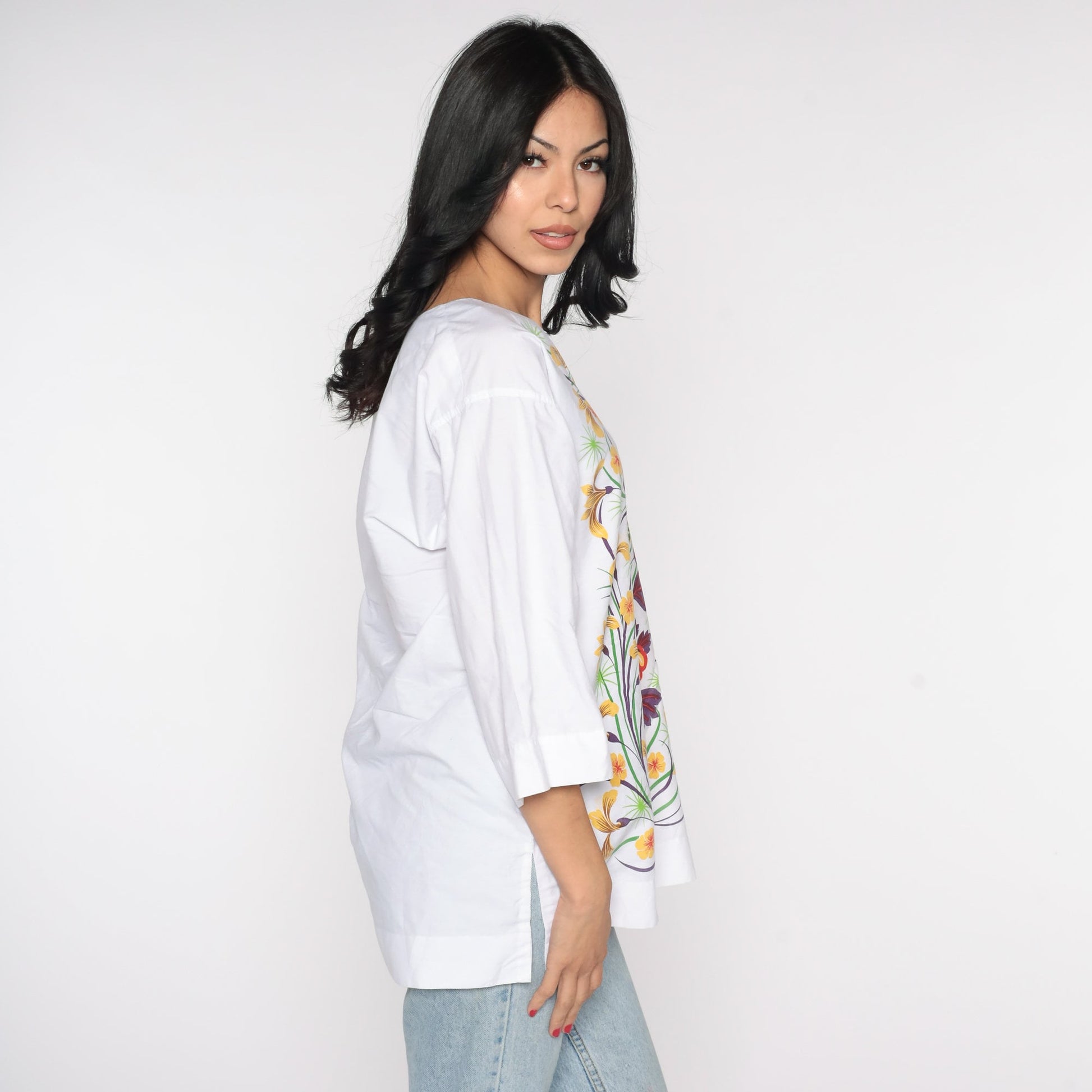 90s White Floral Tunic Blouse Cotton Long Sleeve Top Medium