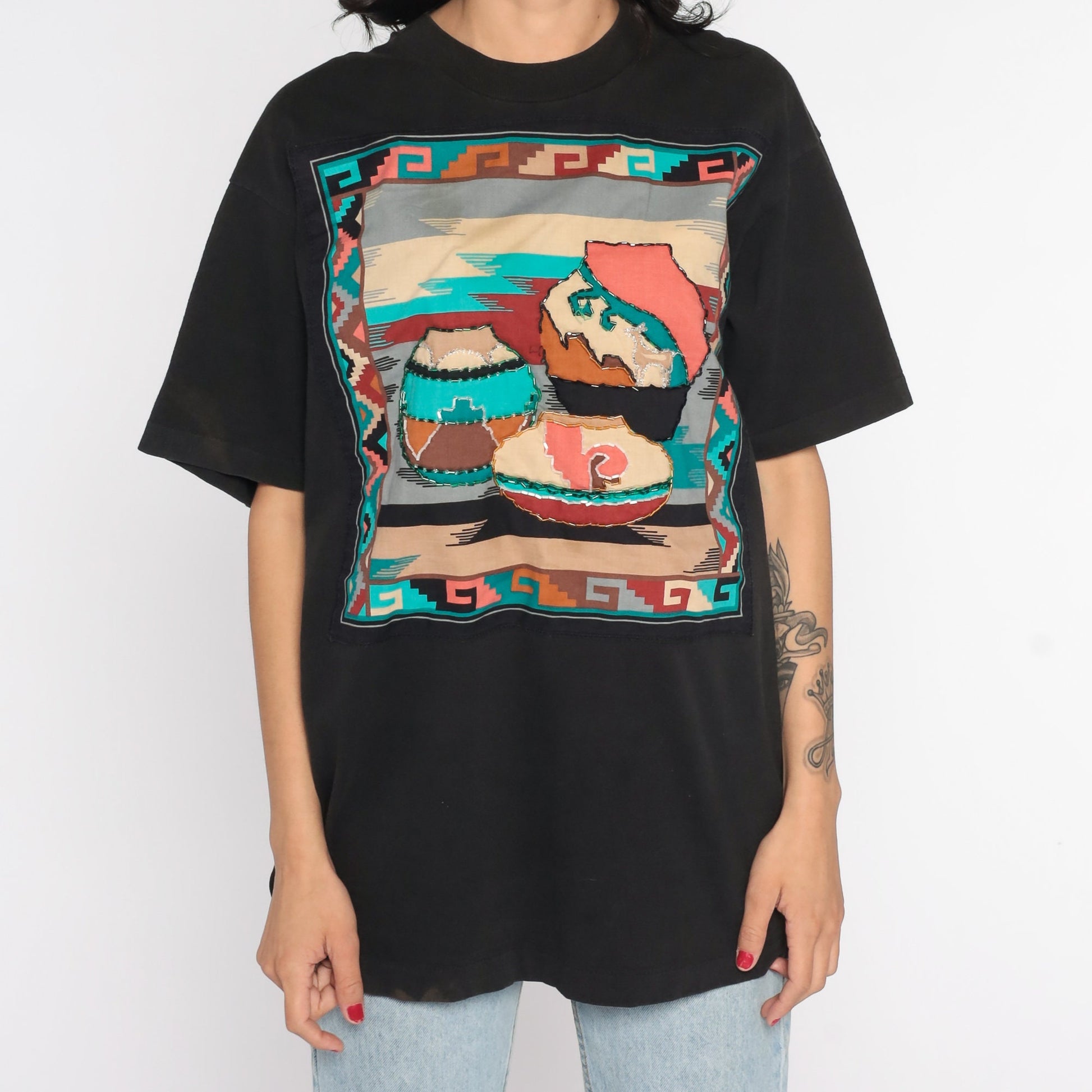 90s Southwestern Pottery Graphic T-Shirt Cotton Large