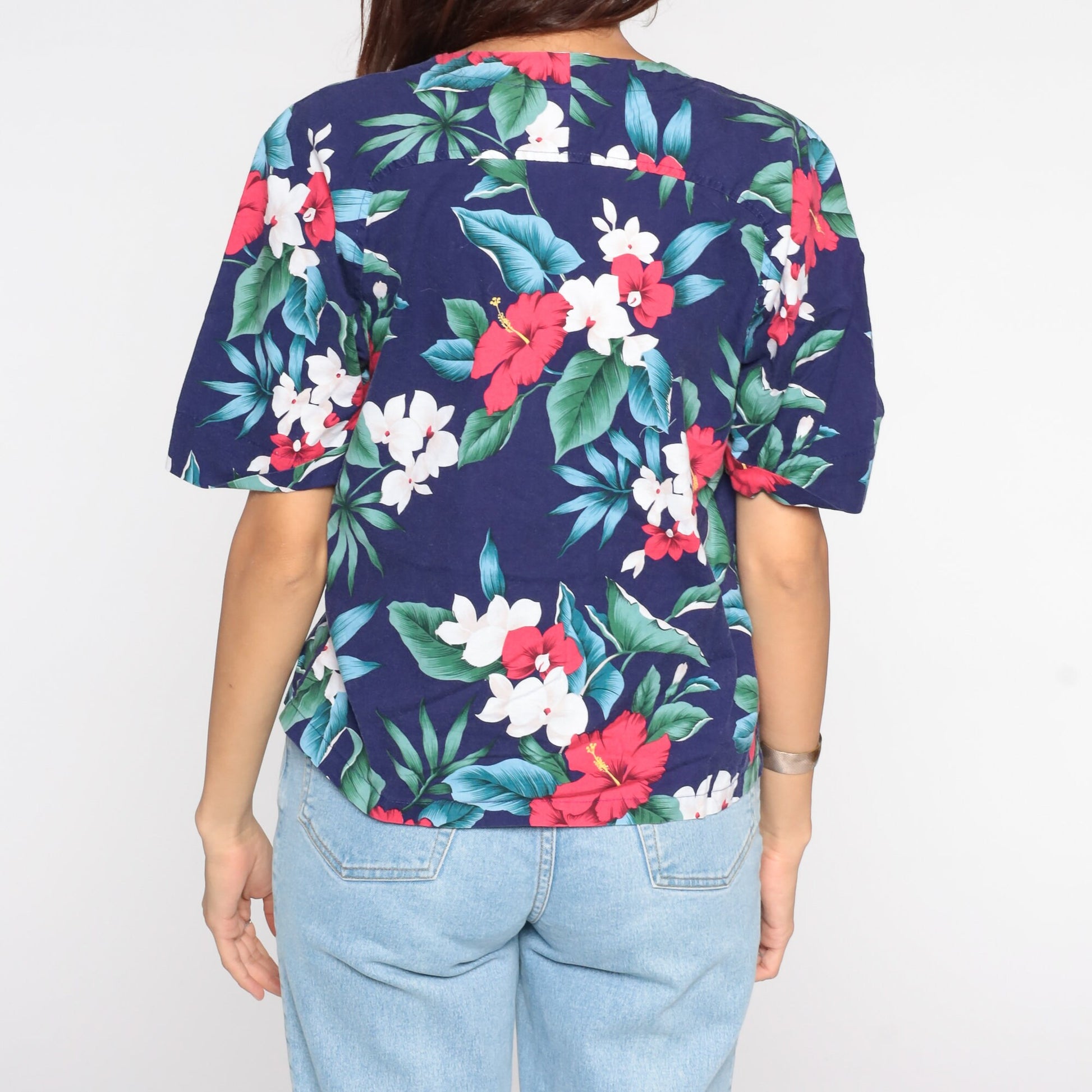 80s Tropical Floral Button-Up Blouse Short Sleeve Blue Medium Large
