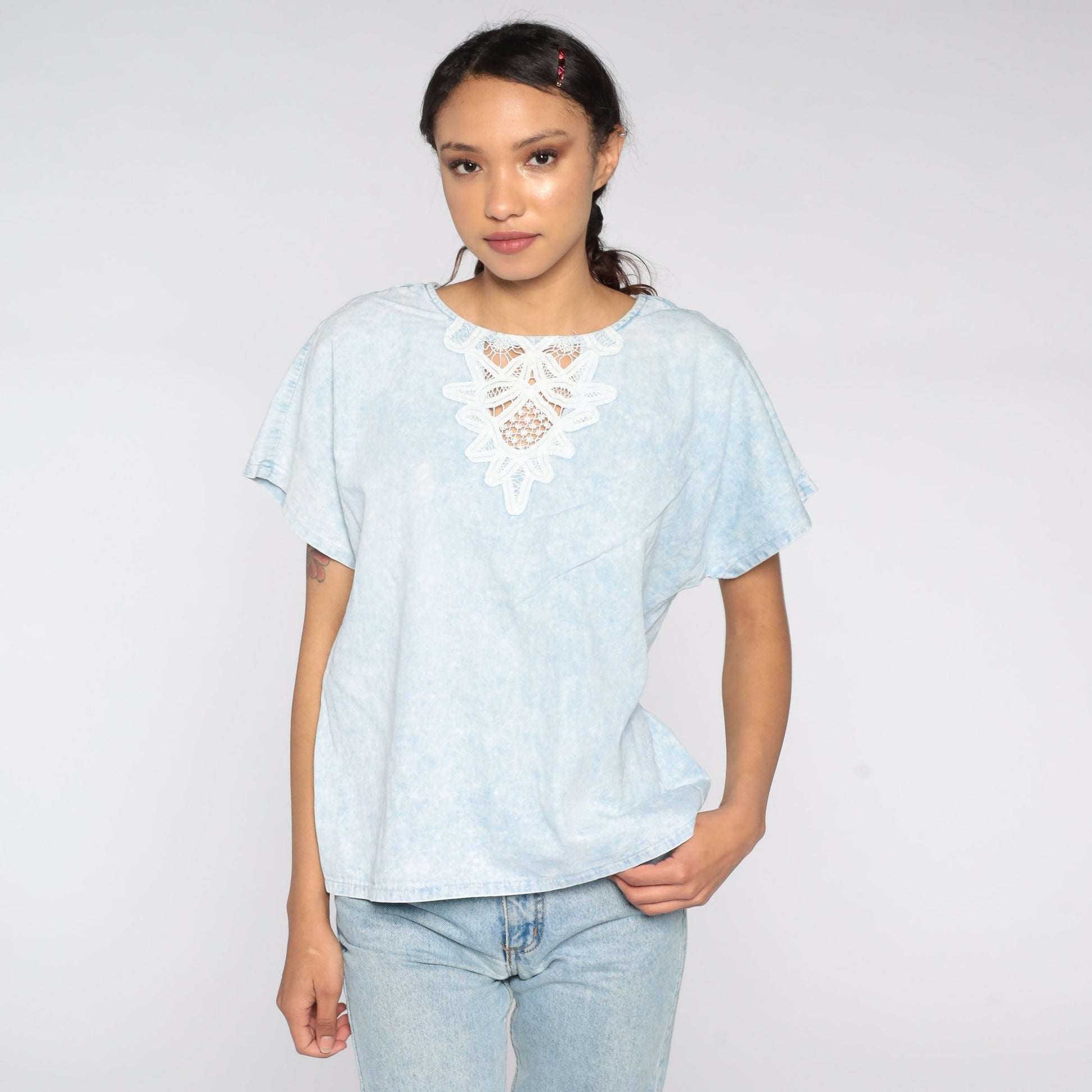 80s Blue Acid Wash Lace Cutout Blouse Cotton Top Medium