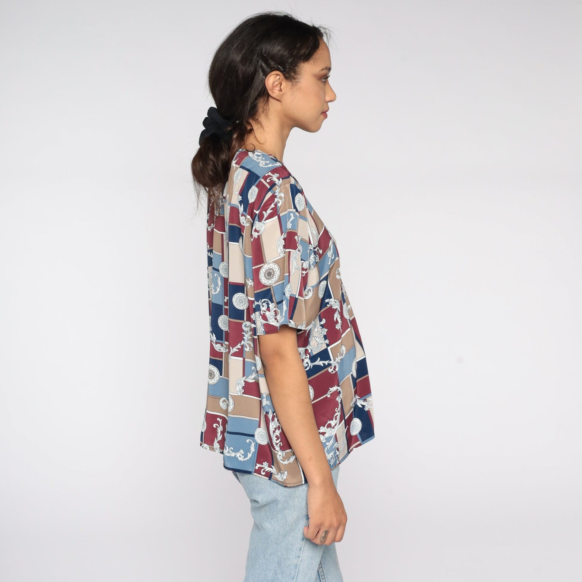 90s Geometric Color Block Blouse Burgundy Blue Polyester Short Sleeve Extra Large